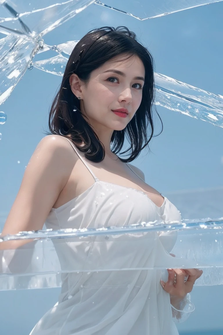 1 girl,black hair,blue eyes,red_lips_,very beautiful face,big breasts,rock,BREAK Beautiful delicate shine,fine ice,beautiful quality water,(floating palaces:1.2),(Wings with ice crystal texture),((water droplets)),wet clothes,((beautiful quality water)),((floating)),dynamic angle,