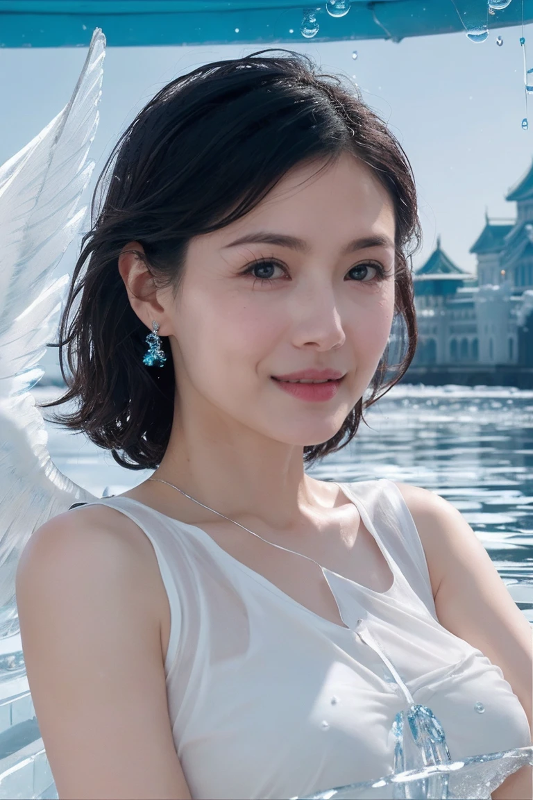 1 girl,black hair,blue eyes,red_lips_,very beautiful face,big breasts,rock,BREAK Beautiful delicate shine,fine ice,beautiful quality water,(floating palaces:1.2),(Wings with ice crystal texture),((water droplets)),wet clothes,((beautiful quality water)),((floating)),dynamic angle,