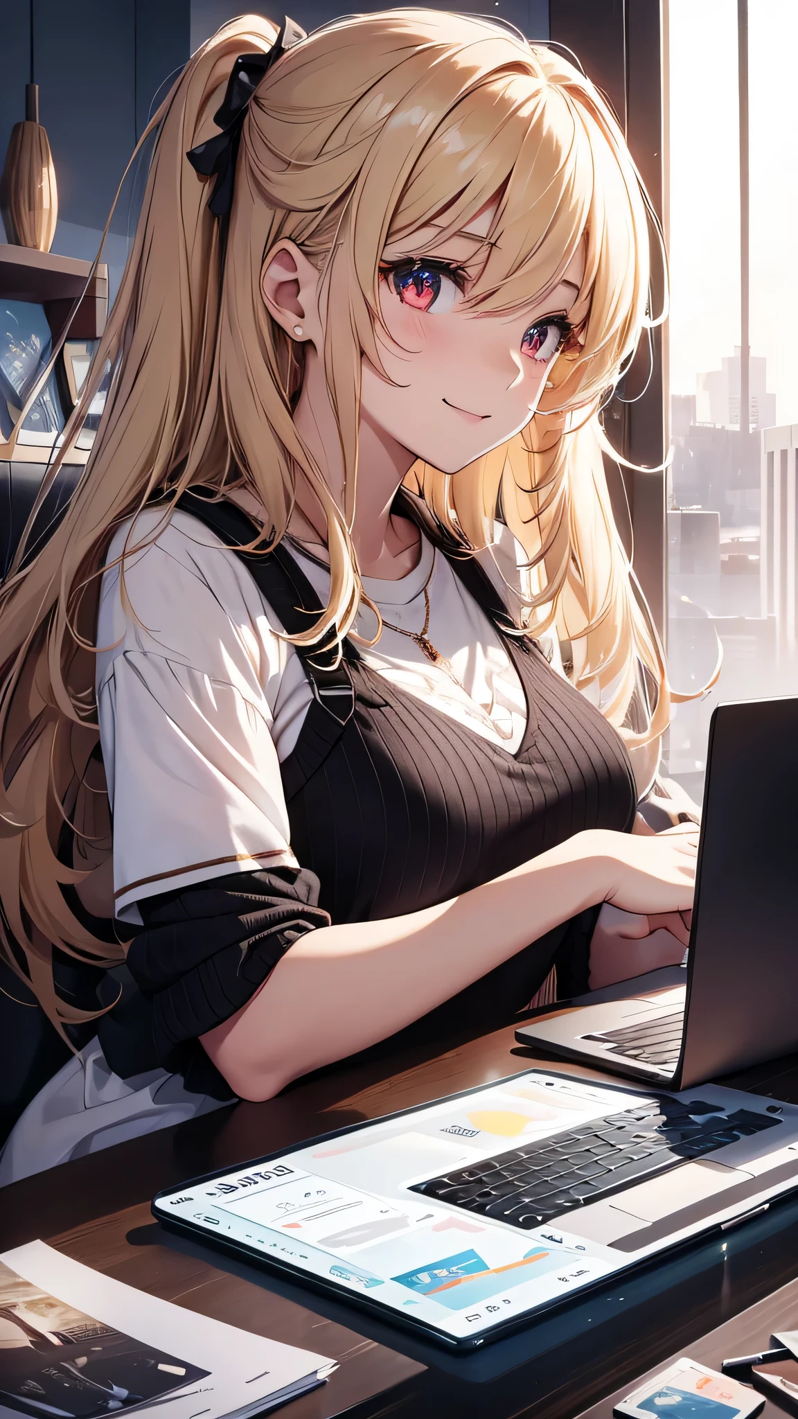 最high quality、best image quality、masterpiece、girl((18-year-old、 By becoming、vest bust、medium bust,wide open breast tea、red glowing eyes, blonde、messy hair、long hair、thin,highest valley、Black open-neck short-sleeved shirt、open chest、White wristband、smile、Leaning forward、hair ornaments、have a laptop、Angle from the side、Lointail)),high quality、beautiful art、background((White computer room、Coffee cup、line of light))、Flight、debris flies、Depth of written boundary、movie、visual art、perfect art、8K,genuine、