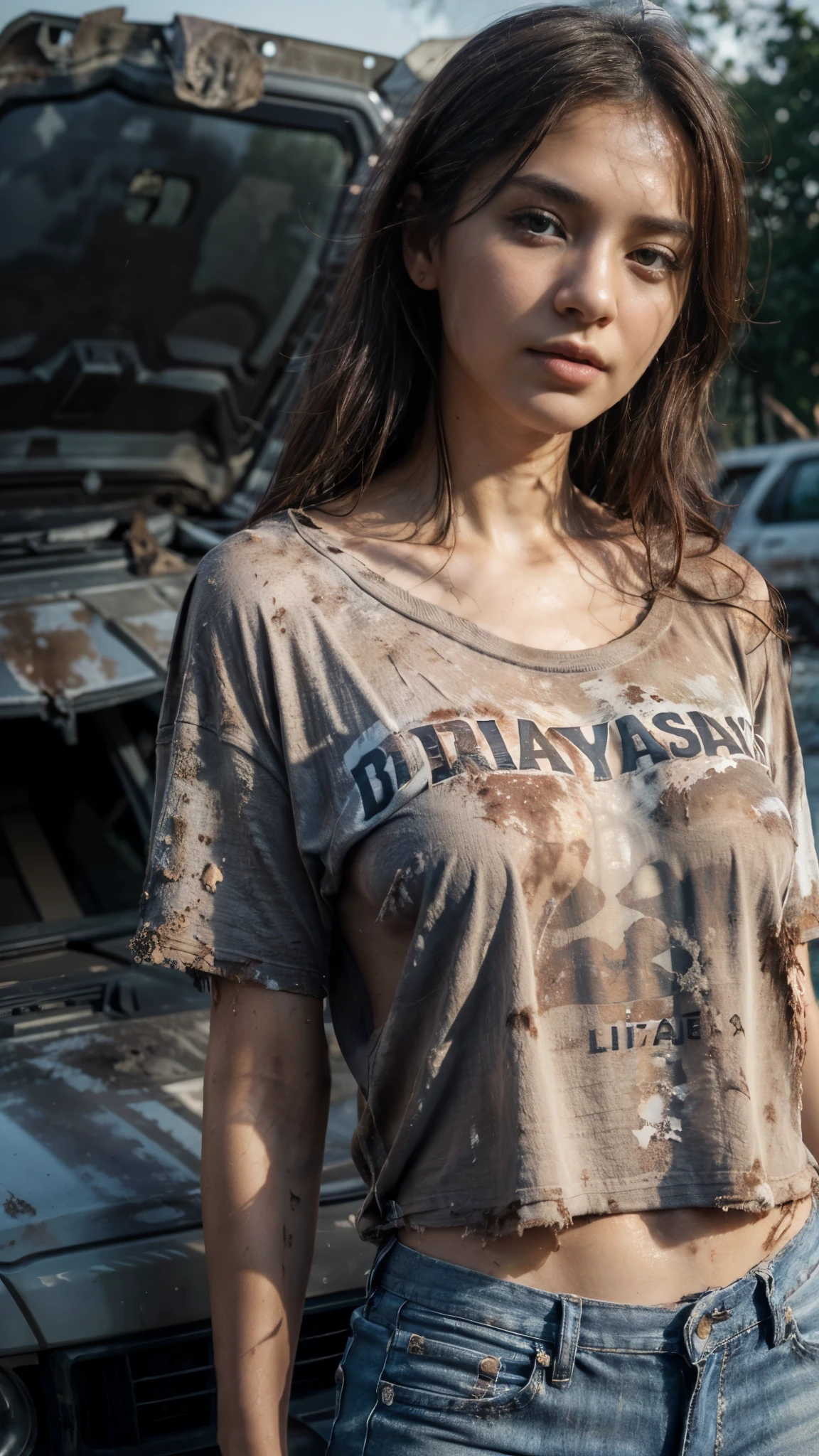 (best quality,4k,8k,highres,masterpiece:1.2),ultra-detailed,(realistic,photorealistic,photo-realistic:1.4), profesional photograph by dunitskiy david, natural light, portraits, a beautiful young korean girl, wearing ((dirty t-shirt:1.5), (hanging down:1.2)), exposed shoulders, seductive looks, soft glow, elegant beauty, detailed blue grey eyes, sensual pose, delicate skin texture, flowing messy hair, innocent expression, skinny posture, collarbone, naturally sagging breast, huge breast, (slim abs:1.0), feel tired waiting for someone, (dirty car wreck with low light:1.4), subtle shadows, dirty background, shallow depth of field, high contrast, dark and foggy atmosphere, fine art photography, facing forward, low angle, (seen from below:1.2), photon mapping, 
