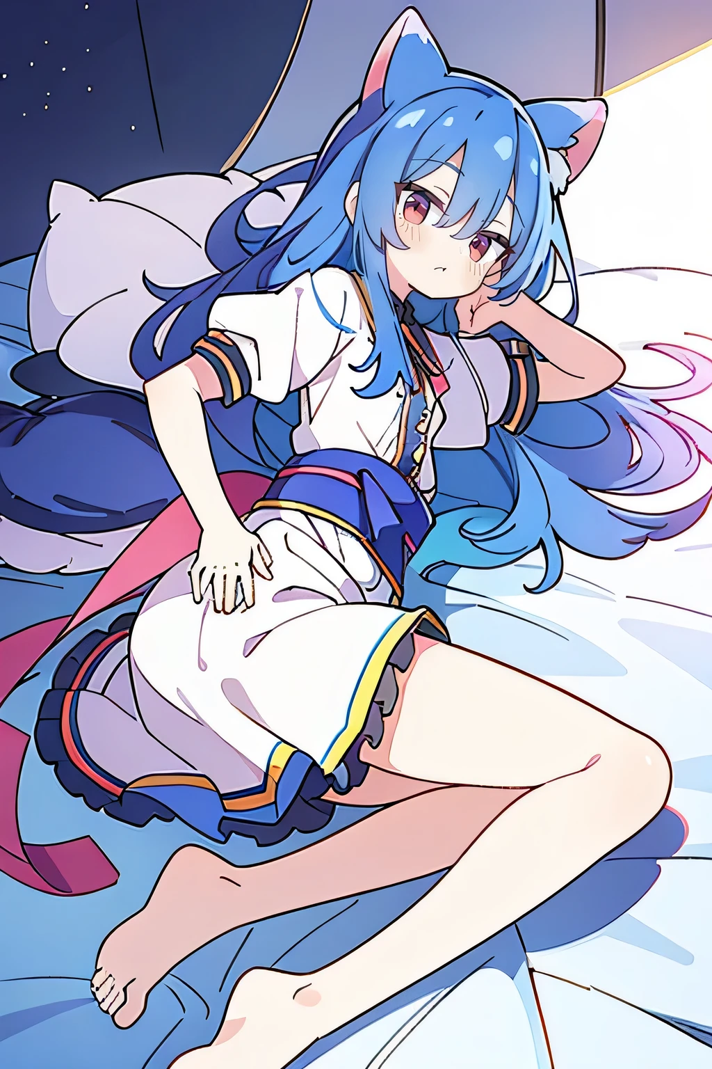 (Masterpiece), best quality, expressive eyes, perfect face, 1girl,
Put your hands on your waist, fair, gorgeous, Japanese comics, girl, Lola, young angel, blue hair, blue hair, flowing clothes, hug the waist, hug the waist, hands on hips, hands on hips, lay down , lying on the ground, legs on the ground, flat chest, cat ears