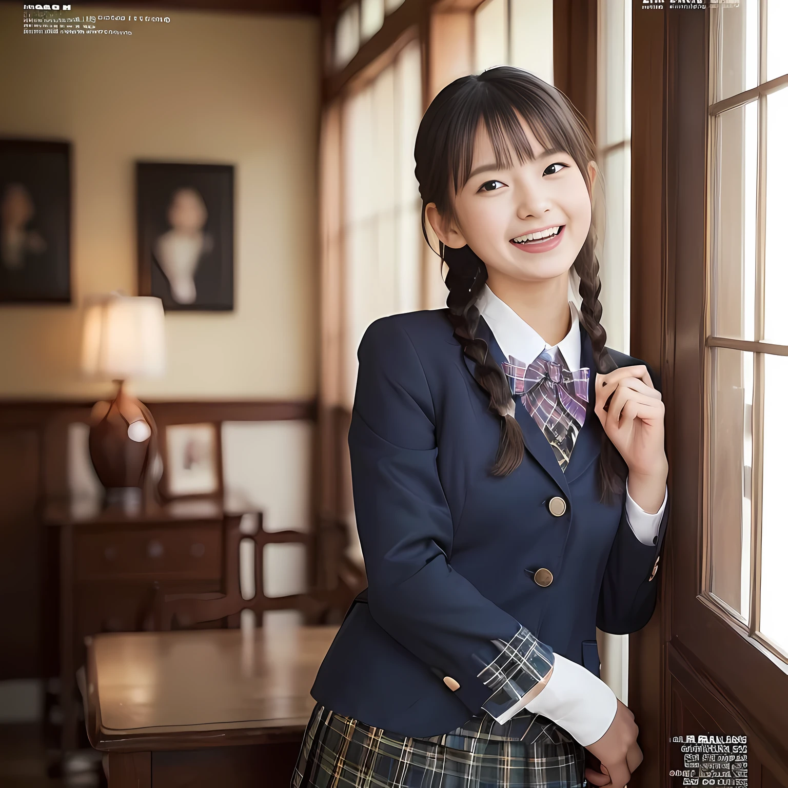 (highest quality、masterpiece:1.2)、highest quality、realistic、photograph、High resolution、1080p、8K、The face is especially pale., physical rendering、((only one Japanese girl)), (((((A 15-year-old Japanese girl, 155cm tall, is a super beautiful fashion model for a magazine for girls, appealing to readers how cute she is in uniform.))))), , (((big very detailed beautiful dark brown eyes))), ((blue girly large wine-red glossy polyester Japanese school ribbon bow tie)), (((black very beautiful and very very long braids hair))), ((((deep blue colored tartan checkered formal long pleated pleated skirt)))), ((A unpatterned formal dark blue blazer in solid that is slightly oversized and has an emblem on the left chest.)), (((((((laughing at me!))))))), mouth is open, The large blazer and skirt are very cute., detailed fingers, Slender body, ((curled bangs)), so beautiful, ((Very big and very very very cute eyes of a Japanese girl)), double eyelids, thin eyebrows, ((drooping eyes)), (((very long eyelashes))), ((cute lovely lovely laughing laughing cheeks)), ((Pure white light hits her face from above and in the front, making her skin and eyes shine beautifully.)), ((Strong light hits the nose and cheeks、It brings out the richness of the expression.)), (((((She has a very expressive face, very pure and very sweet.))))), (((Girls are watching viewers))), (((((At a very gorgeous room)))))