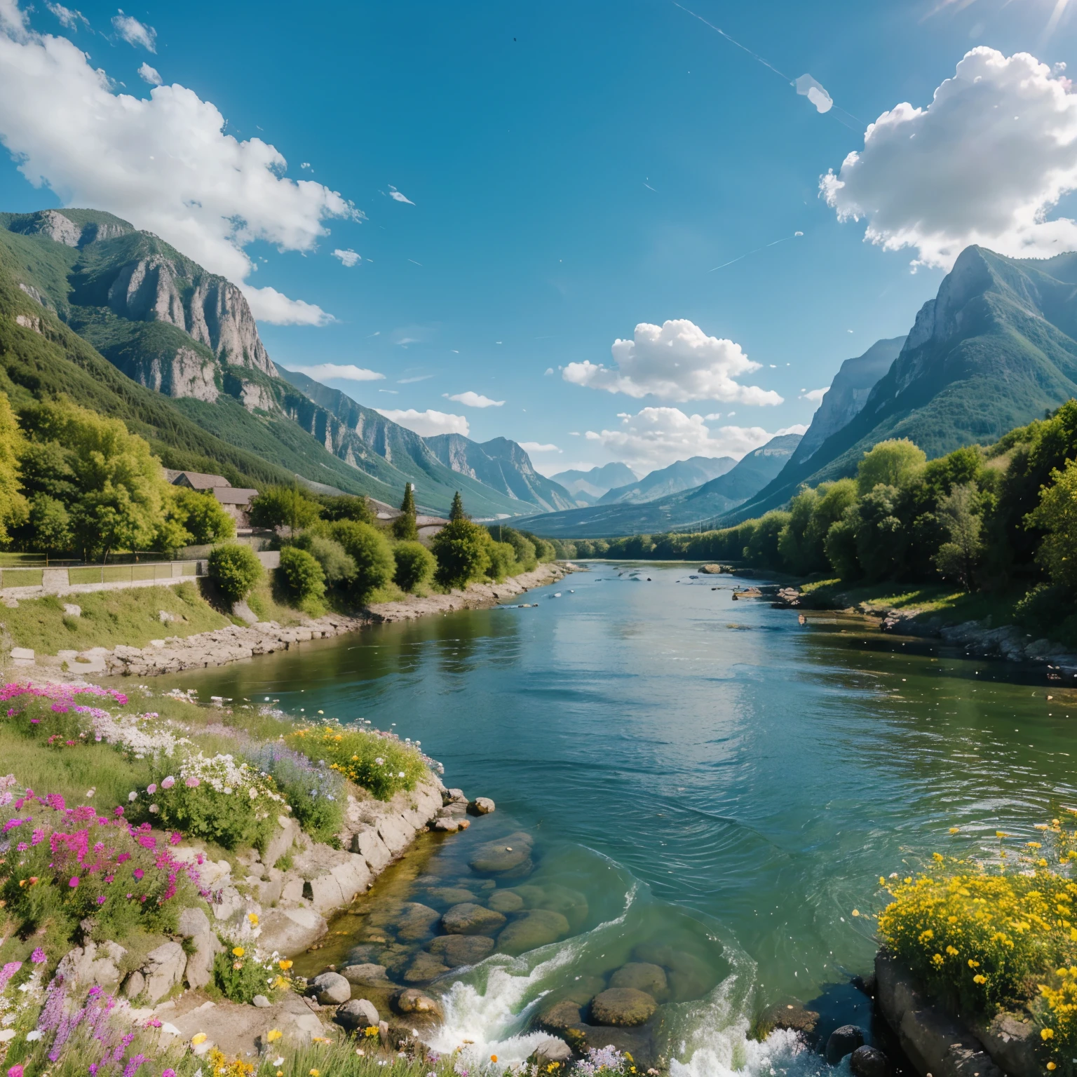 masterpiece, best quality, Summer sunshine, outdoor, Sea of flowers,river,mountains and rivers