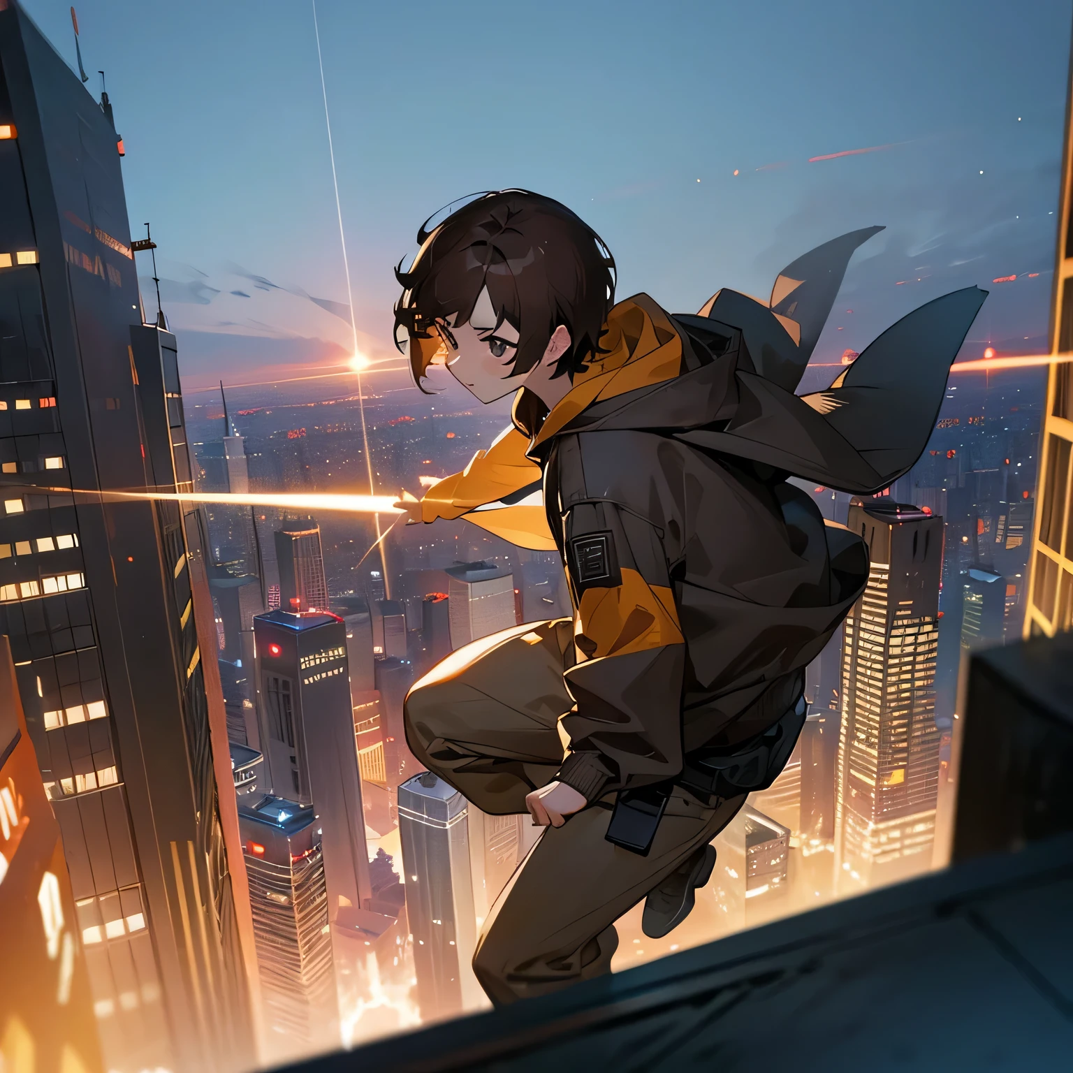 girl、brown hair、short hair、hoodie、action movie、stuntman、City of night、skyscraper