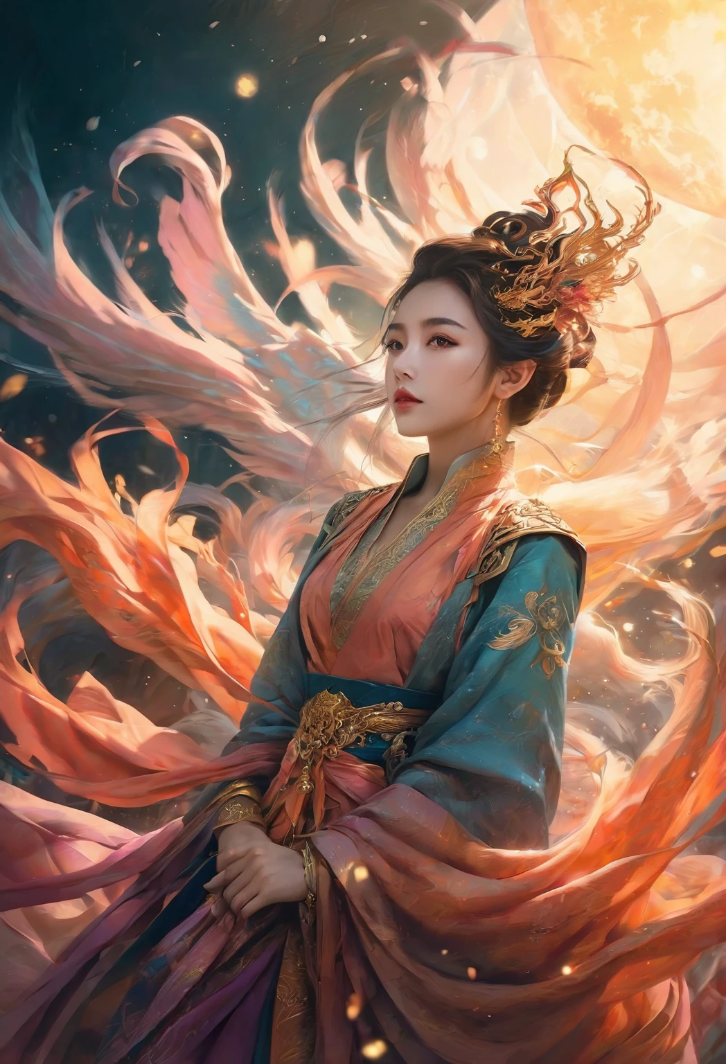 ethereal fantasy concept art of The woman in hanfu. Gorgeous, Heavenly, ethereal, ish, epic, majestic, magical, fantasy art, cover art, 梦幻ish, elegant, 电影ish, saturated color, dramatic atmosphere around, sharp focus, Very detailed, fine details, Stunning composition, Creative, rich and colorful, complicated, magic, full color, complex