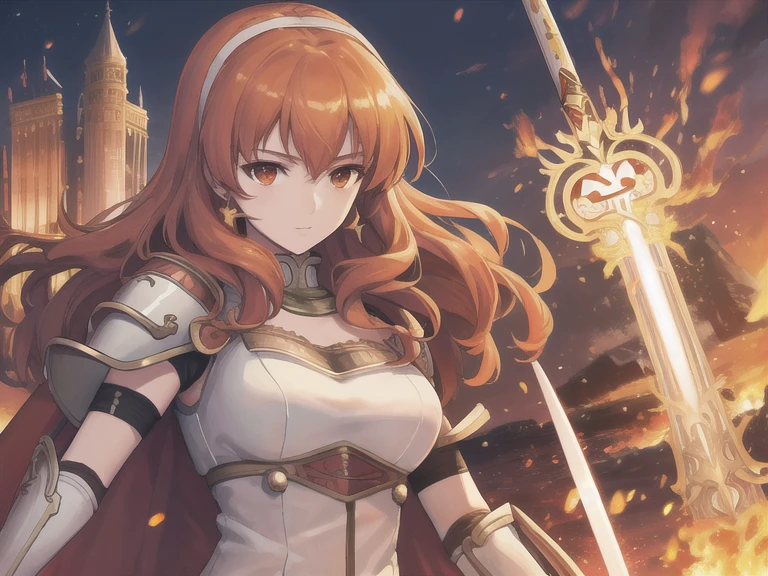 best quality, masterpiece, high resolution, detailed, digital illustration,  Celica FE,  battlefield, white armor, crown, happy,  stoic, holding sword, Fire Magic,