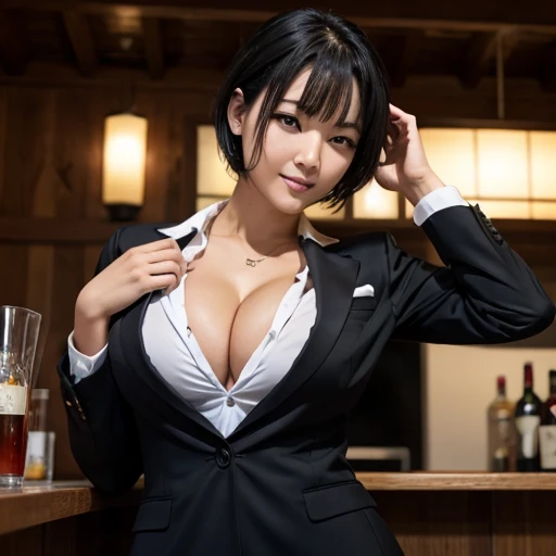 (highest quality:1.2),(perfect beautiful face 1.2),(Perfect and beautiful posture:1.2),(japanese woman),big and full breasts, black short hair,(White shirt under the suit),(BAR),(valley),(drunk)