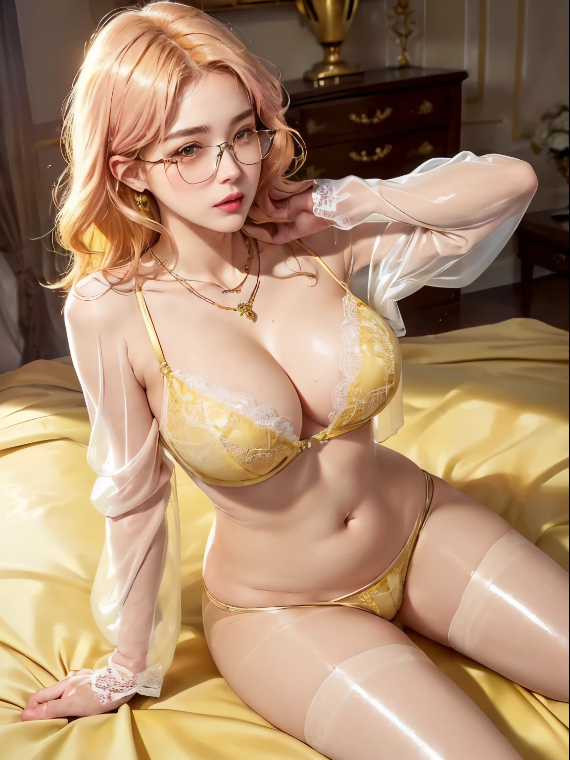 1 England high borne girl, (on a royal luxury bed:1.2), ((grab breasts, squeezed breasts, spread legs, look away from camera, eyes half closed, lewd pose)), lighting(realistic path tracing, high light), (Masterpiece, Best Quality, photo realistic, 8K resolution), face((blushed face):1.4), hair(yellow hair), body(slender body, perky nipples, slim abs), ((firm rounded breasts, shiny skin):1.2), clothes((designer-made luxury yellow see-through clothes, lace underwear with deep cleavage, luxury necklace):1.2), high detail, wearing glasses, top view