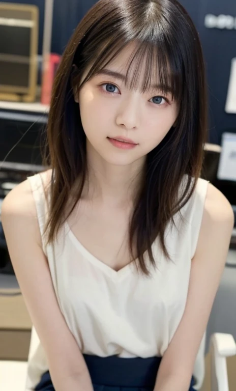 masterpiece, highest quality, 8k, 20th Generation, Large Breasts, cute, alone, sad, cute, Girlish, Delicate girl, Pure beauty, RAW Photos, Professional photography, Portraiture, Soft Light, Professional Lighting, Backlight, Upper Body, avert your eyes, Sophisticated, Film Grain, (Eyes and facial details:1.0), Short floating hair, Beautiful, flowing hair, bangs, (Loose-fitting high school gym clothes(pastel colour))、(Large Breasts:1.0)、You can see a little cleavage、Dolly Makeup、Translucent white skin、White Breasts、Odd Eye、The colour of the left and right eyes are different