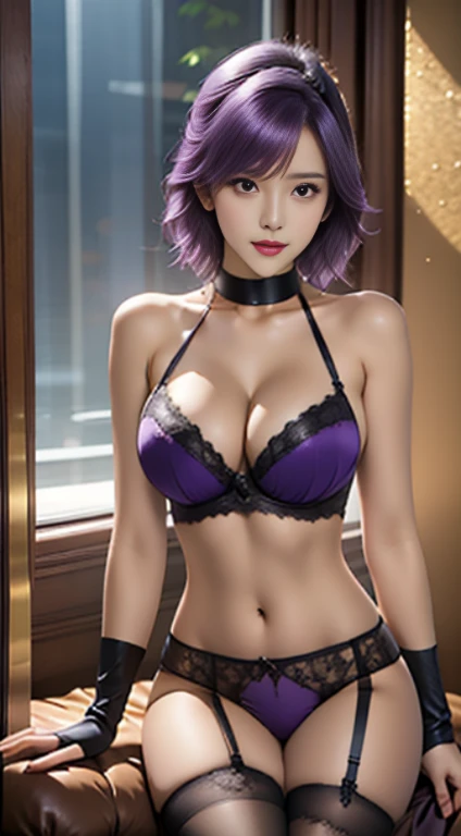 1girl, solo, breasts, looking at viewer, short hair, bangs, large breasts, thighhighs, gloves, navel, cleavage, bare shoulders, sitting, underwear, purple eyes, collarbone, panties, full body, purple hair, hairband, parted lips, glasses, black gloves, elbow gloves, indoors,lace, bra, high heels, collar, lips, black panties, window, garter straps, black bra, fishnets, on floor, fishnet thighhighs