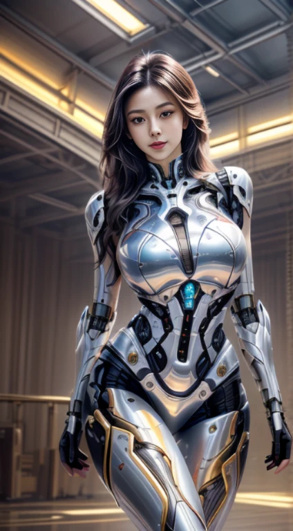 Virtual image,Realistic picture 8k,shins up,hips up,highest resolution,Maximum clarity,Masterpiece,perfect anatomy,Great dynamic composition,morning sun,light hitting face,Young woman with long, flowing white hair,cybernetic robot,Metallic gold body,white red metallic,Stand with your legs spread apart.,Spread your legs apart.,Spread your legs to show your sexiness.,Posing in sexy poses makes me smile.,large gear background