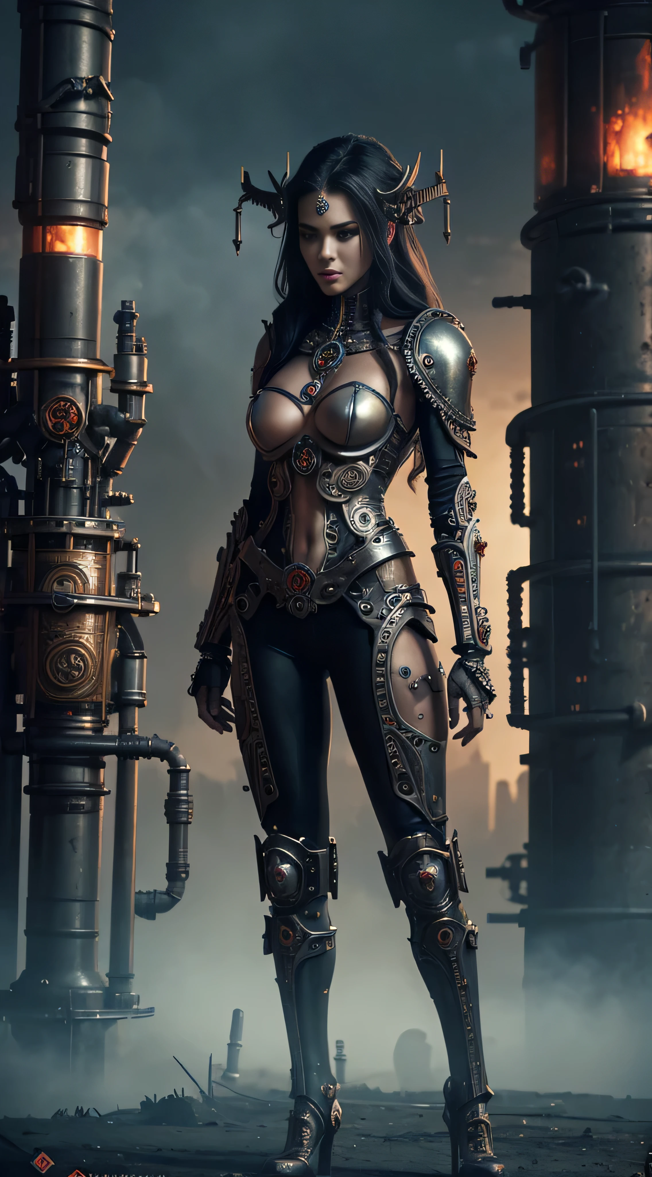 Linda mulher, corpo inteiro voluptuoso, vestindo armadura estilo master chef, doom, warhammer 40.000 lindo e decotado, corpo escultural, usando mecha de metal desgastado, vermelho e branco, campo de batalha, alien planet, naves gigantes, alien buildings destroyed by battle,