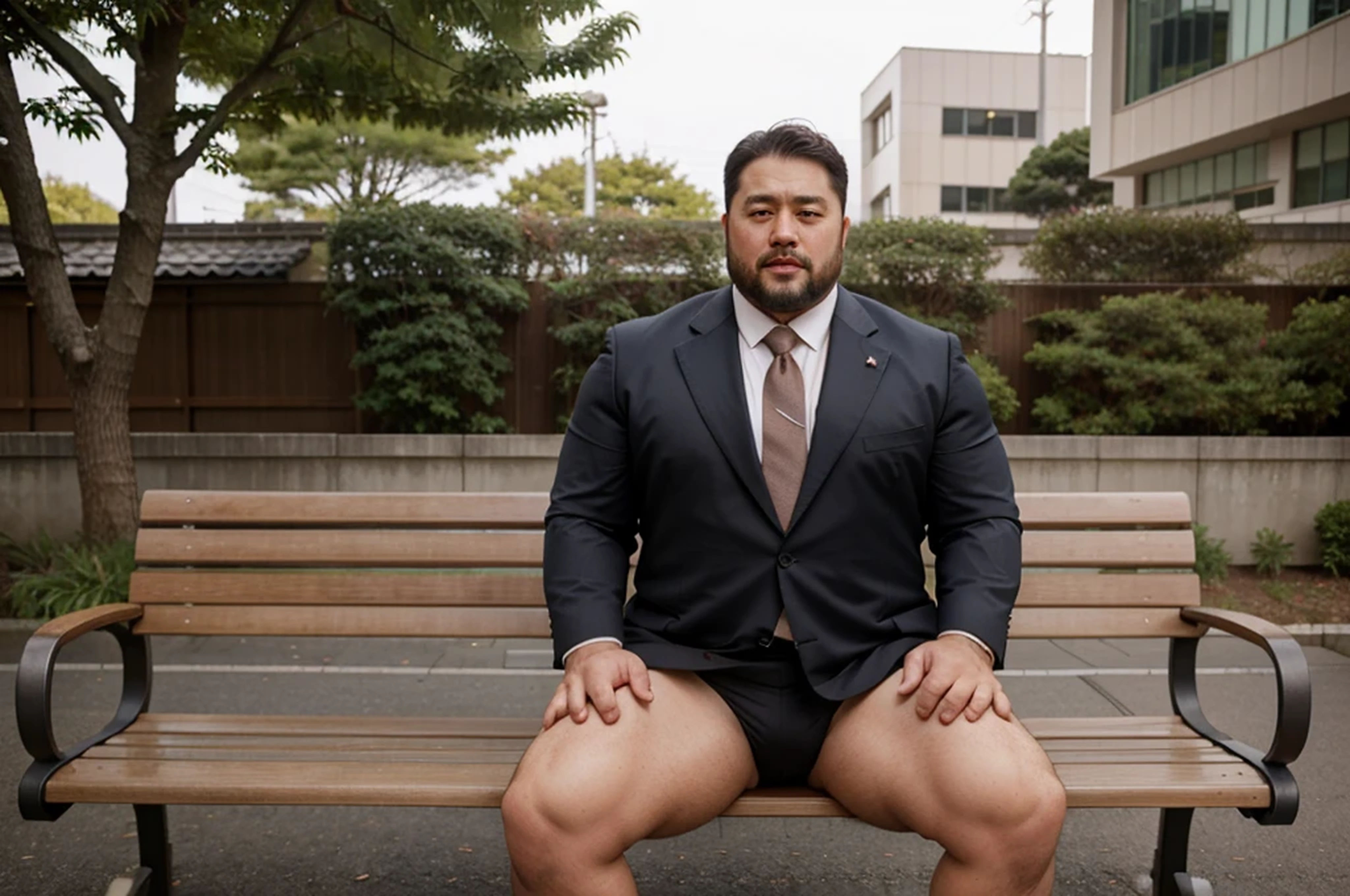 a 40-year-old Japanese stocky thick businessman in suit and tie with short beard and short hair sitting on a bench. lags are spread a part widely. front view wide open legs muscular big muscle