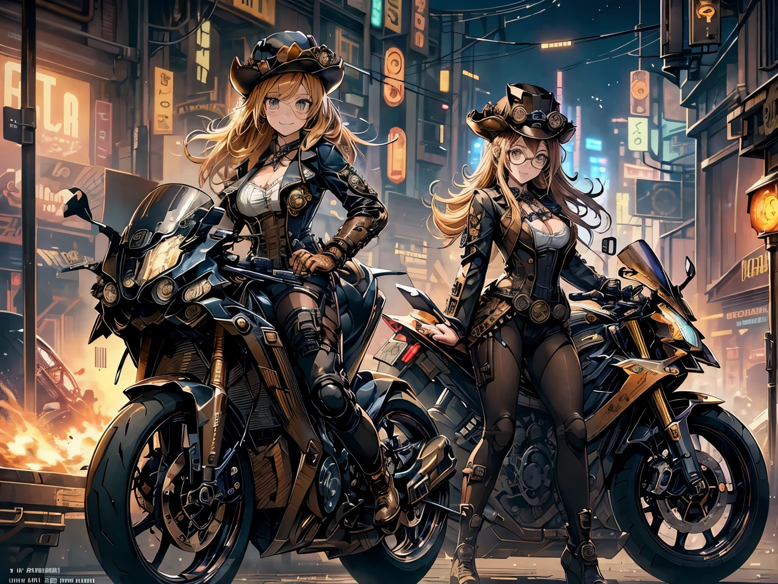 (comic book style),(line drawing_anime),(cowboy shot, highest quality, ),(Laura Budd Photos:1.2),(Laura Add Details:1.0),8K, flat color:0.8,dynamic angle,1 girl,smile、(On a steampunk motorcycle:1.5)、An elaborately decorated motorcycle、(Highly decorative and complex mechanical steampunk fashion, lace flare dolphin hat、goggles 1.5、machinery background、Gear background、Intricately mechanized steampunk cityscape 1.5),