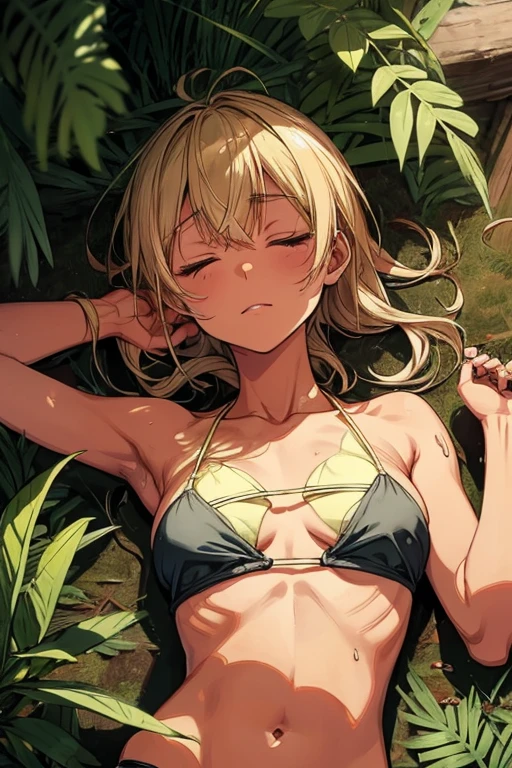 A tanned-skinned anime girl lies despondently on the ground, her hand cradling her abdomen in agony. Her slender frame is clad in a bikini top, the fabric revealing the faint outlines of her ribs. Long sun-kissed locks cascade around her face, concealing it from view. Her despairing expression, etched with lines of hunger and suffering, speaks of a life devoid of sustenance. The sunlight filters through the foliage above, bathing her emaciated figure in a warm, golden glow that accentuates the definition of her bones. The bikini top clings to her body, leaving little to the imagination, she lying down on the forest floor with her eyes closed in immense pain and suffering from hunger