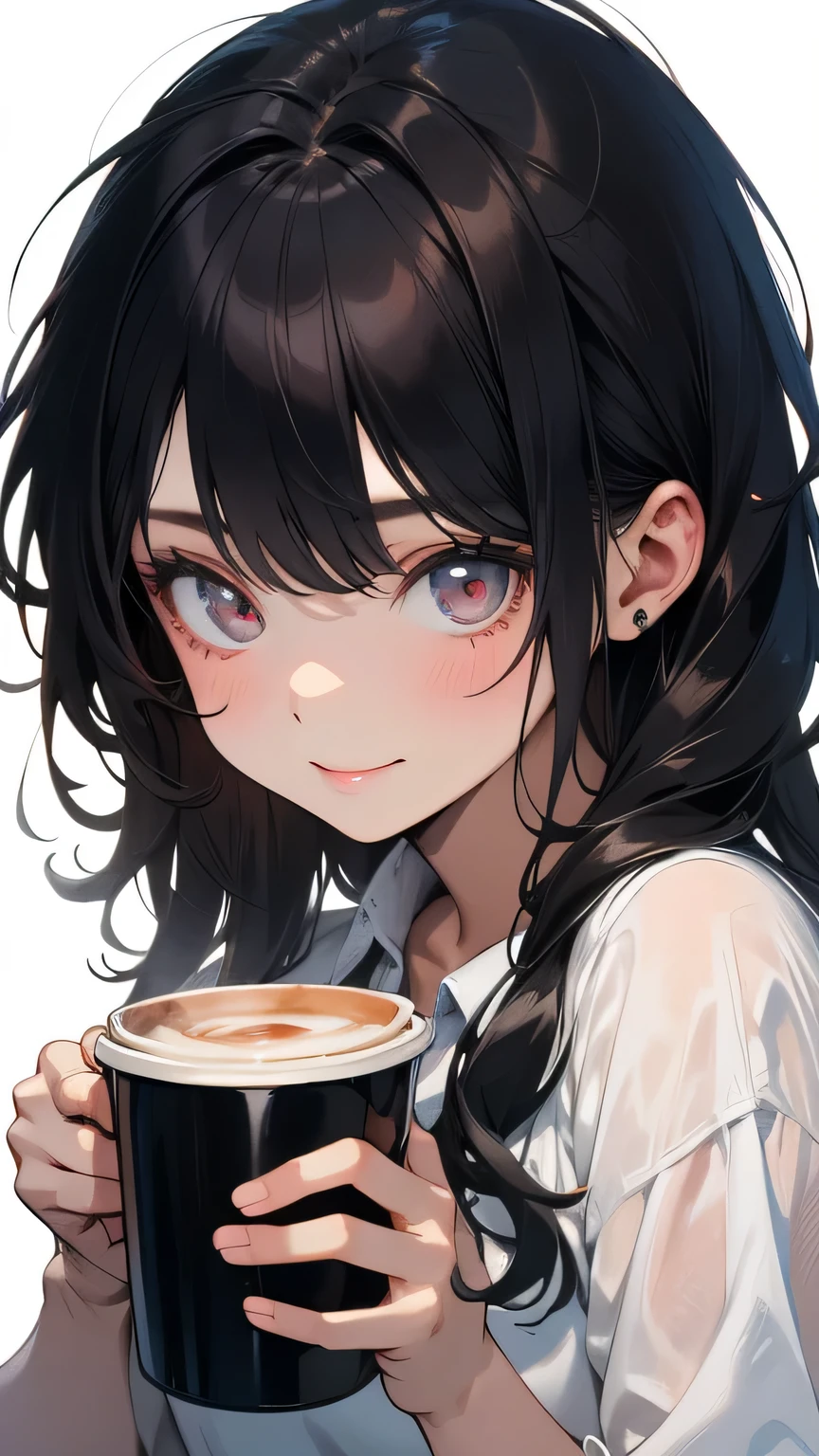 A once-in-a-millennium masterpiece, A photo you&#39;ll never get again, Inexplicable high resolution, Eyes that seem to draw you in, beautiful girl, A shirt that is transparent to bare skin, shy smile, dawn, Coffee cup, afterwards, messy hair, no makeup, 