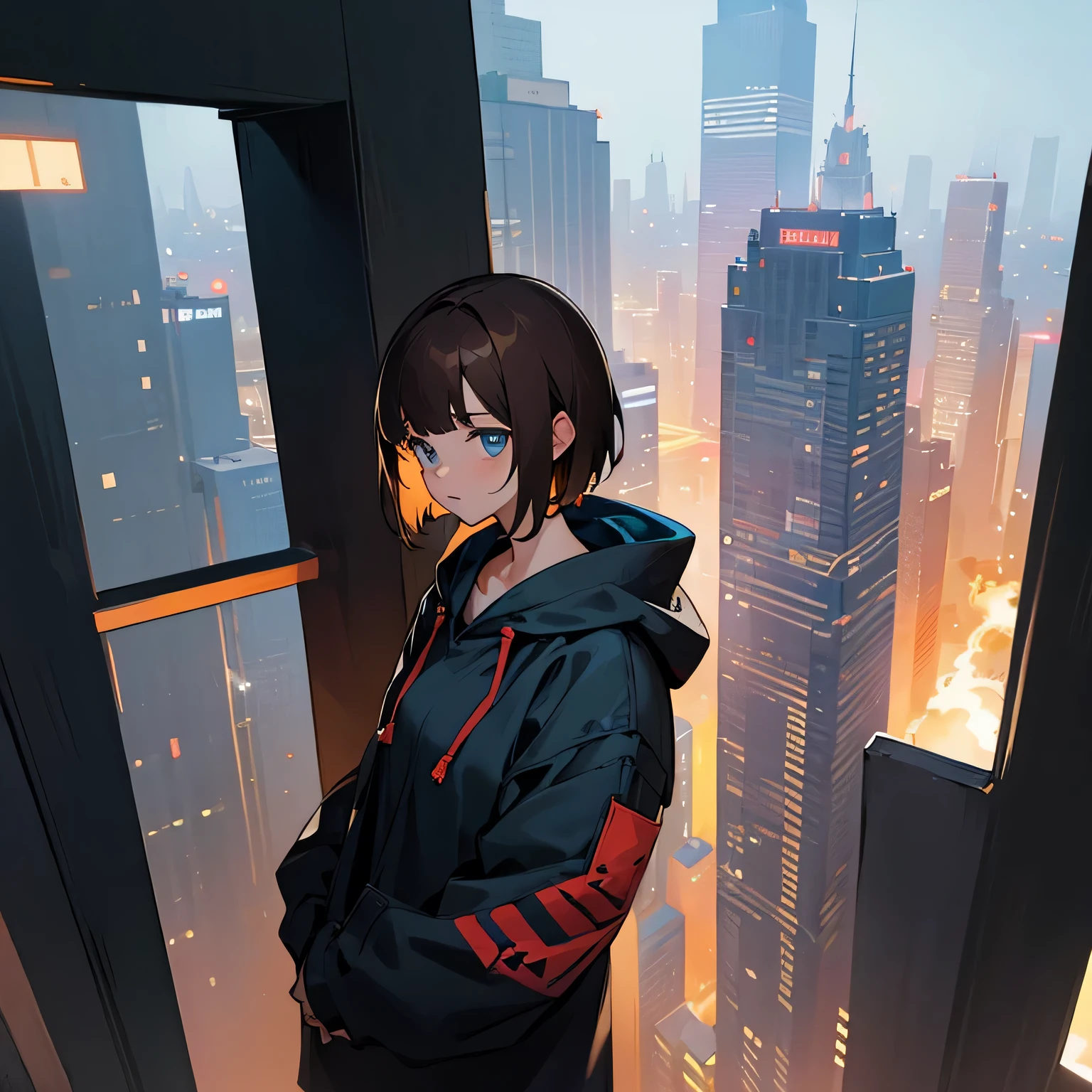 girl、brown hair、short hair、hoodie、action movie、stuntman、City of night、skyscraper