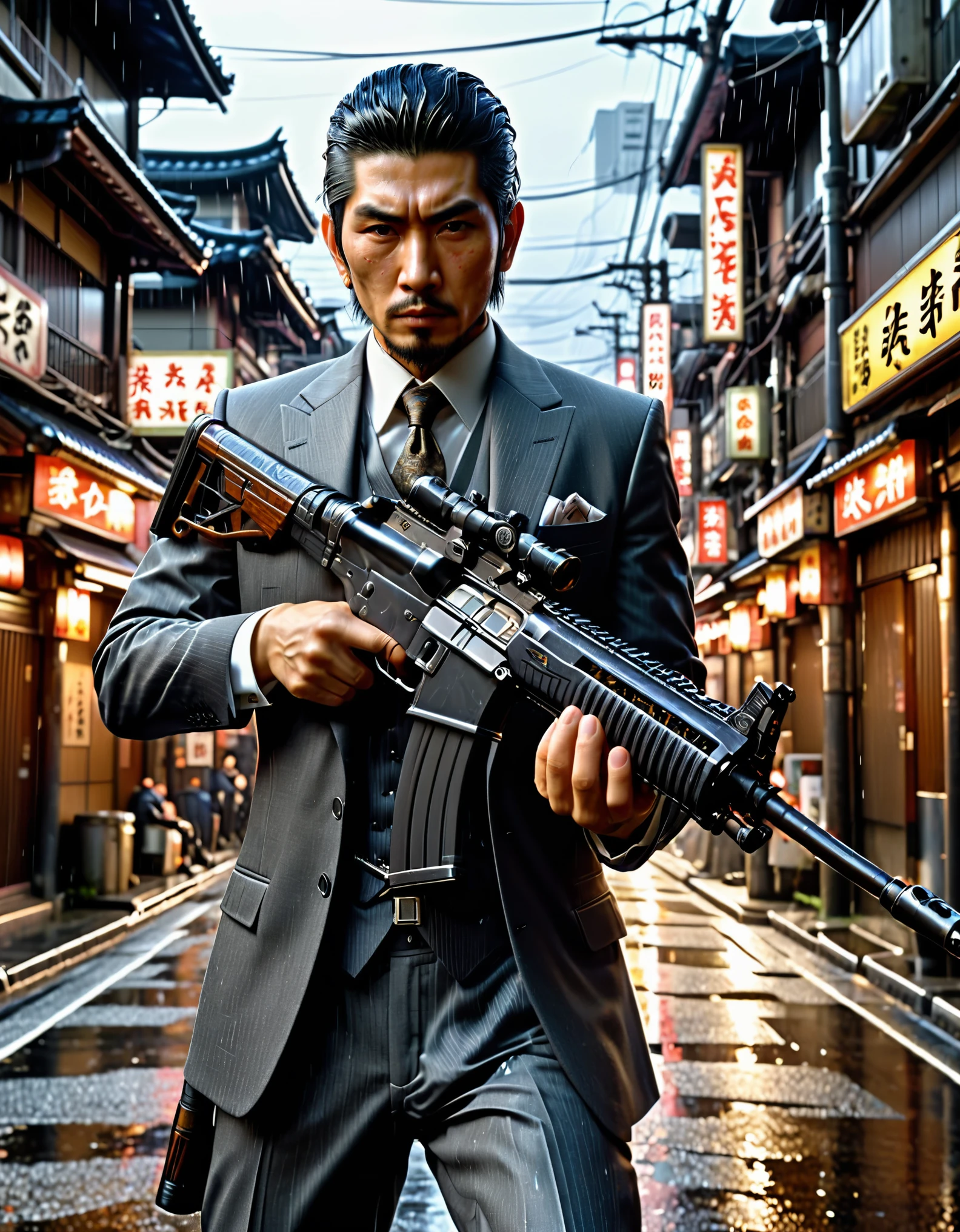 japanese yakuza mobster with a dark gray three-piece suit, black hair, pompadour hairstyle, brown eyes, light goatee, uses assault rifle, facial scar, realistic, stylish, hdr, intricate details, hyperdetailed, cinematic, rim light, danger atmosphere, noir, night, cyberpunk lighting, tokyo street, rain