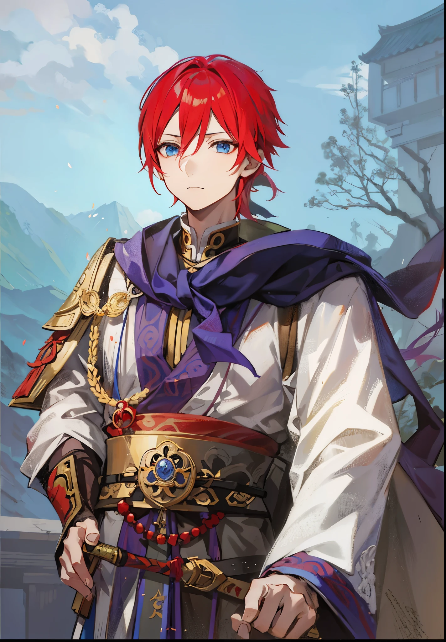 Anime character with red hair and blue eyes holding a flute, Nobutaka Ike, beautiful androgynous prince, 《Genshin》Keqing, Inspired by Taketoshi Matsumura, Inspired by Bian Shoumin, 《Genshin》Zhongli in, Exquisite androgynous prince, Produced by Anime Painter Studio, Fantasy style anime, ,confident expression,Mikuni志风格,Mikuni无双风格,Soma Yukihira,Zhao Yun,Ma Chao,Zhou Yu,Jiang Wei,Chinese style martial general,Mikuni,young general,Leadership temperament