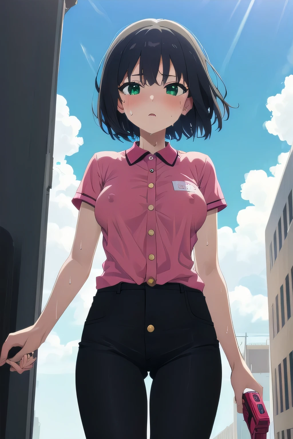 home town,medium breasts,black hair,short hair,green eyes,erect nipples,(Pink polo shirt and black pants) ,(Skin shining with sweat:1.1), outdoor,sunlight, spotlight effect,Bright Sky, blue sky with clouds,strong wind,(High resolution, high quality:1.1), intricate details, cinematic lighting, 1 girl,(blush,embarrassing)(remote play:1.2), (remote_It&#39;s vibrating:1.2), ((Hand holding the button at the bottom left of the screen:1.3))、