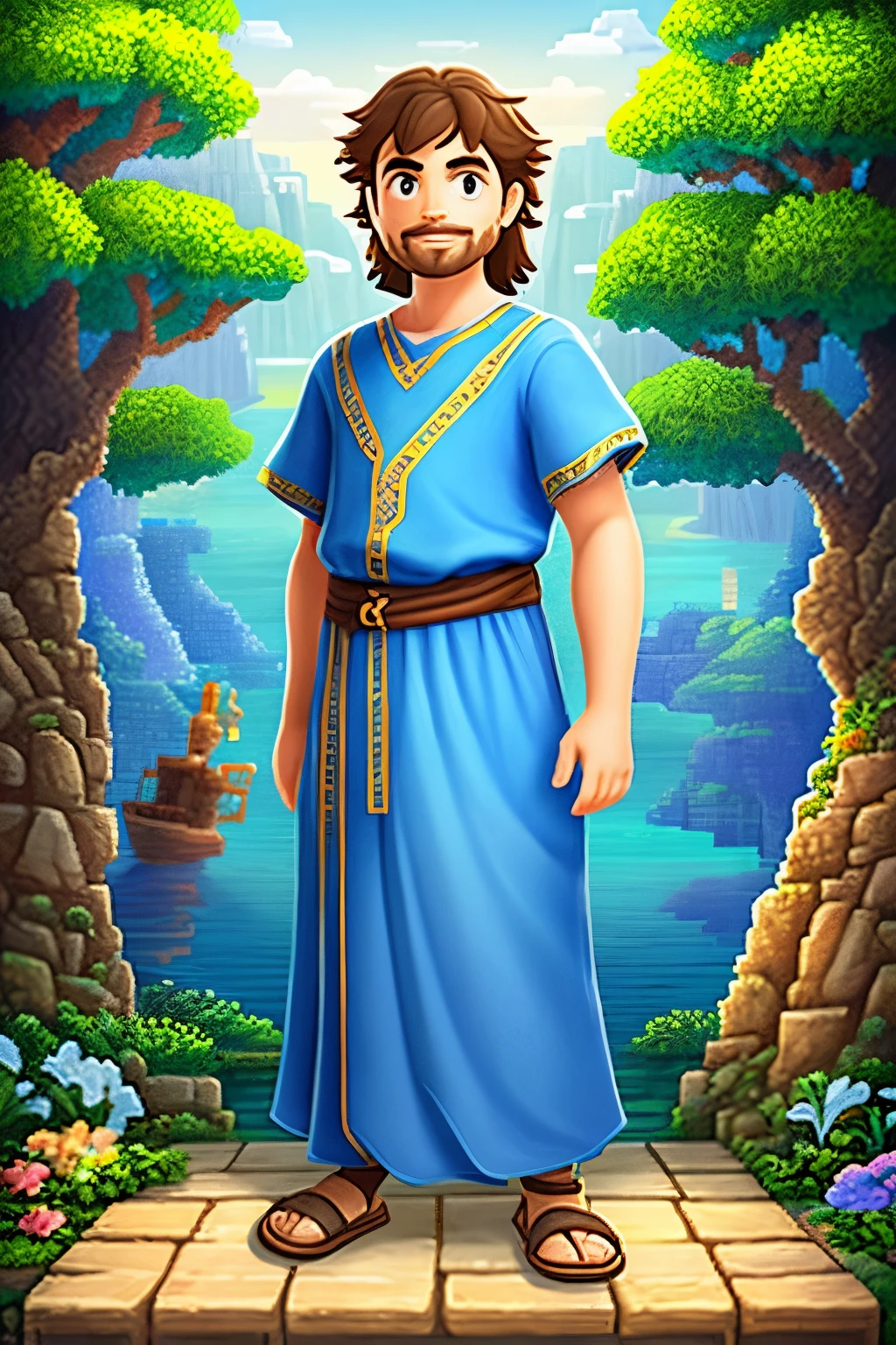 Create a biblical character based on the story of Jonah, in 3D pixel art style, wearing a simple tunic, designed for children 6 yearll body character, being called by God, with Middle Eastern origin --s2.
Jonas, the brave and obedient biblical character, comes to life in a vivid 3D pixel art form, dressed in a simple tunic. This child-friendly representation is ideal for children 6 years old, maasier for them to connect with the timeless story of Jonah. With a robust and sturdy build, Jonas stands tall, eagerly listening for God's call. His origin rooted in the Middle Eastern