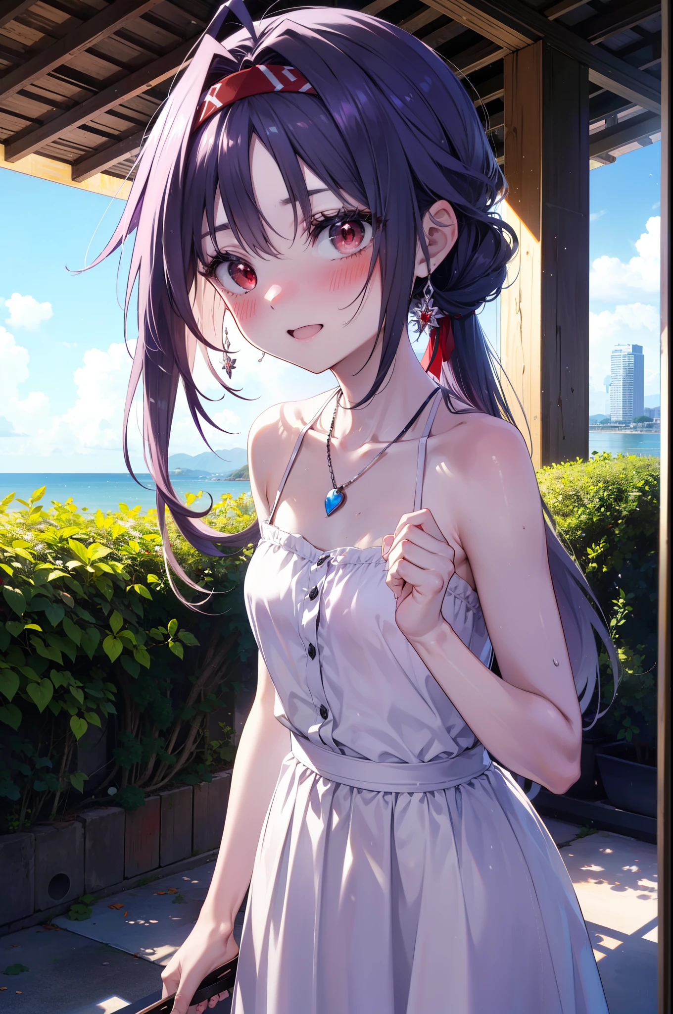 yuukikonno, Konno Yuuki, hair band, long hair, pointed ears, purple hair, (red eyes:1.5), (small breasts:1.2), smile,blush,open your mouth wide,straw hat,White long skirt integrated dress,bare shoulders,bare clavicle,Bare neck,bare arms,Cute Sandals,bend forward a little,noon,Clear skies,locket necklace,
break looking at viewer, Upper body, full body,(cowboy shot:1. 3)
break outdoors, building street,Coastal Pass,
break (masterpiece:1.2), highest quality, High resolution, unity 8k wallpaper, (figure:0.8), (detailed and beautiful eyes:1.6), highly detailed face, perfect lighting, Very detailed CG, (perfect hands, perfect anatomy),