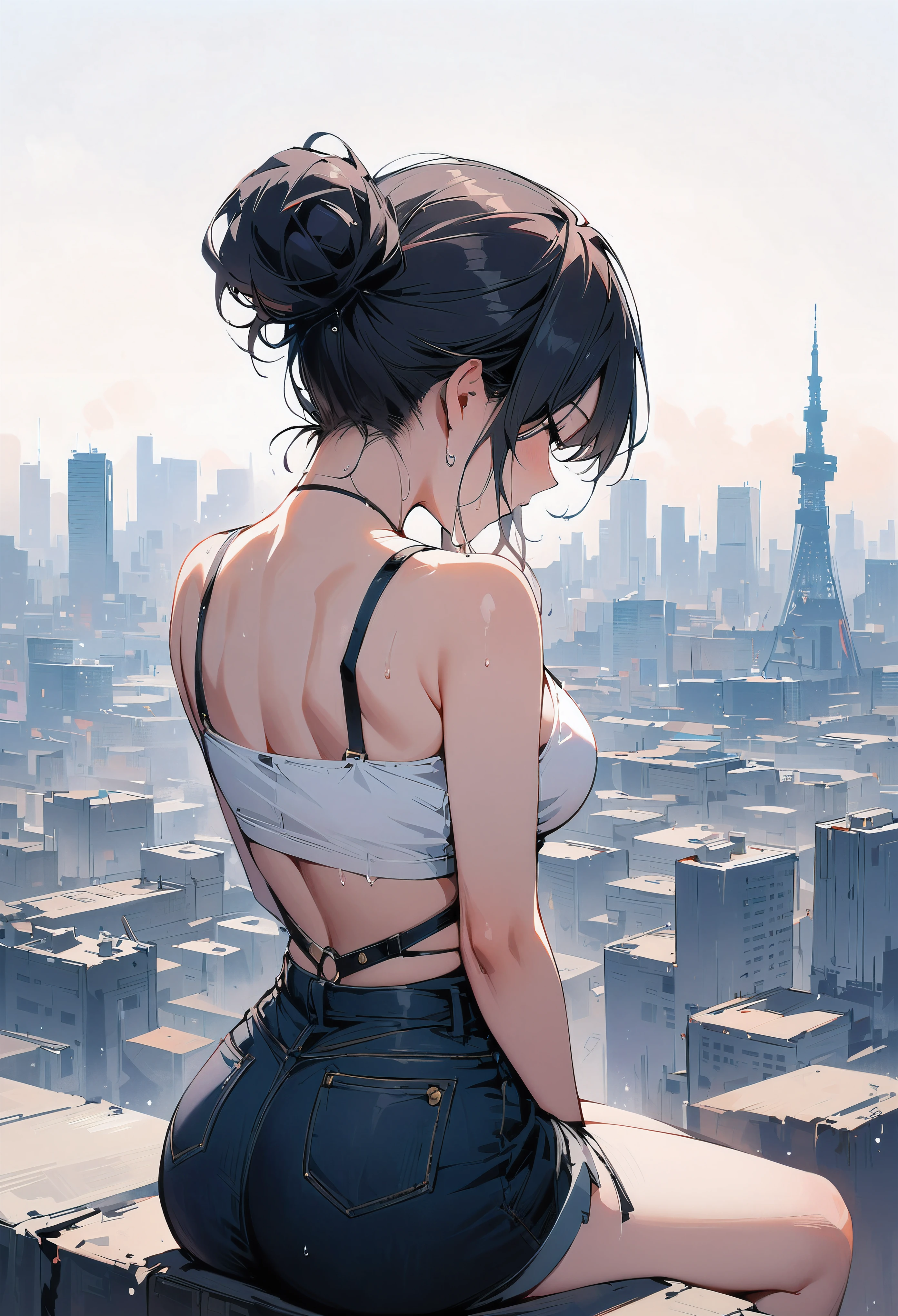 (masterpiece, best quality:1.2), 1 girl, alone , sexy , (cut-off_jean:1.3), white top ,cowboy shot, black hair ,hair bun, (Sweat),  (tokyo_background) , outdoor ,(from behind), sitting , skyscraper back ground