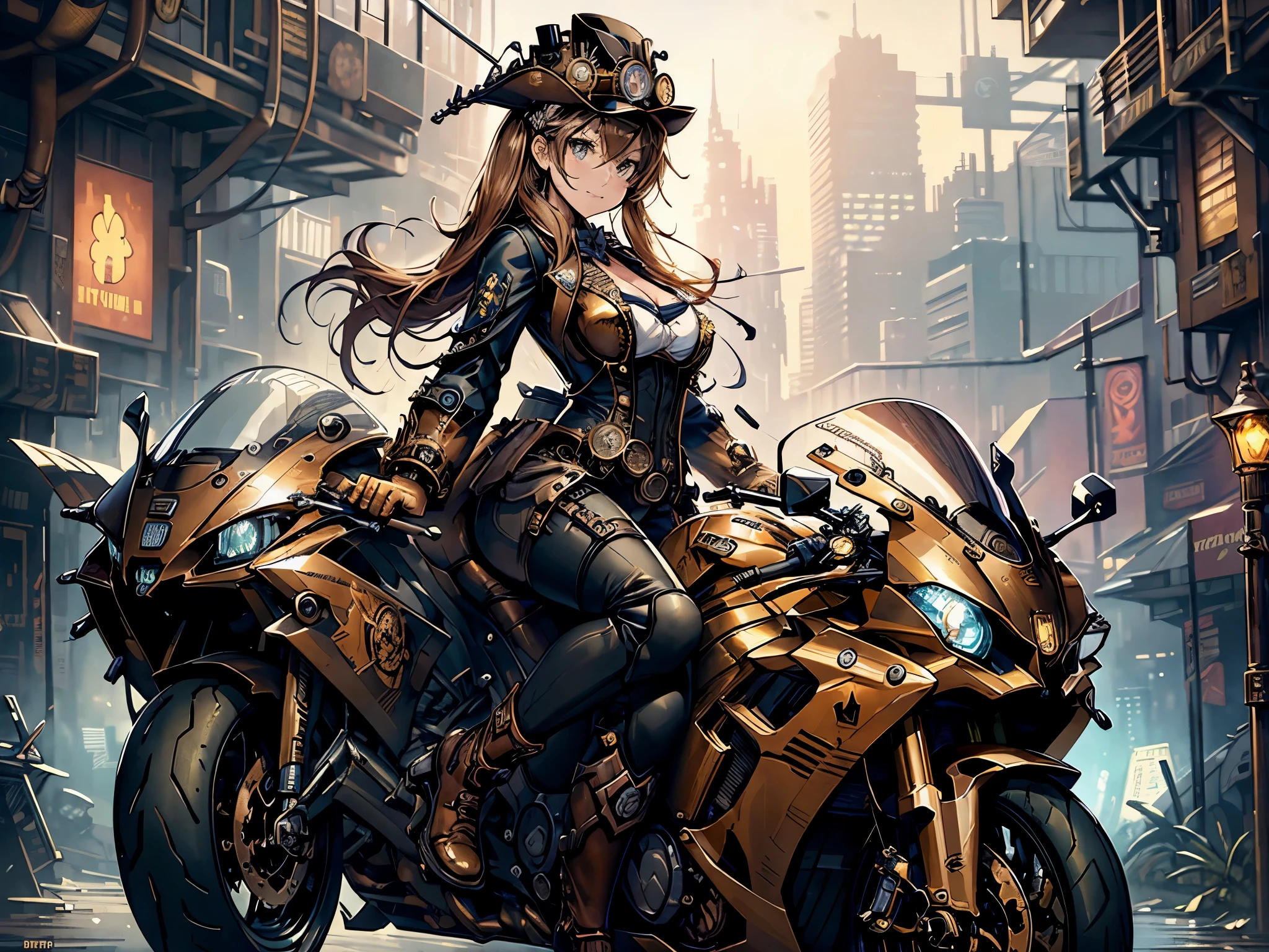 (comic book style),(line drawing_anime),(cowboy shot, highest quality, ),(Laura Budd Photos:1.2),(Laura Add Details:1.0),8K, flat color:0.8,dynamic angle,1 girl,smile、(On a steampunk motorcycle:1.5)、An elaborately decorated motorcycle、(Highly decorative and complex mechanical steampunk fashion, lace flare dolphin hat、goggles 1.5、machinery background、Gear background、Intricately mechanized steampunk cityscape 1.5),