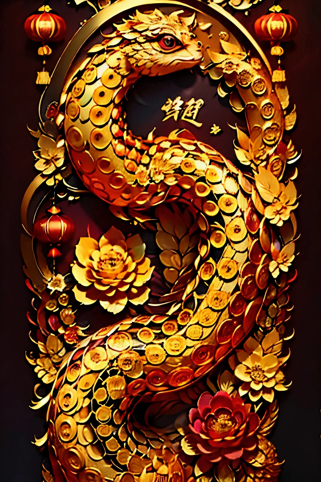 Golden cute snake，（（（eyes are very bright）））Fireworks background，Contrast with red background。 The whole design is full of the festive atmosphere of the New Year.，Chinese New Year Decorations，（（Auspicious lanterns））many flowers（（（masterpiece）））， （（best quality））， （（intricate details））（8K）