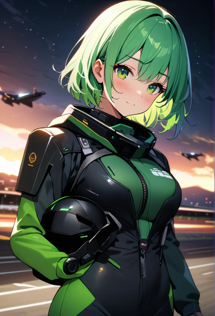 High quality, high definition images, full HD、8k.1 girl girl with white short hair,Futuristic fighter pilot,black and green hair pilot suit,Hold your helmet under your arm,き Futuristic fighter plane, night airfield,
