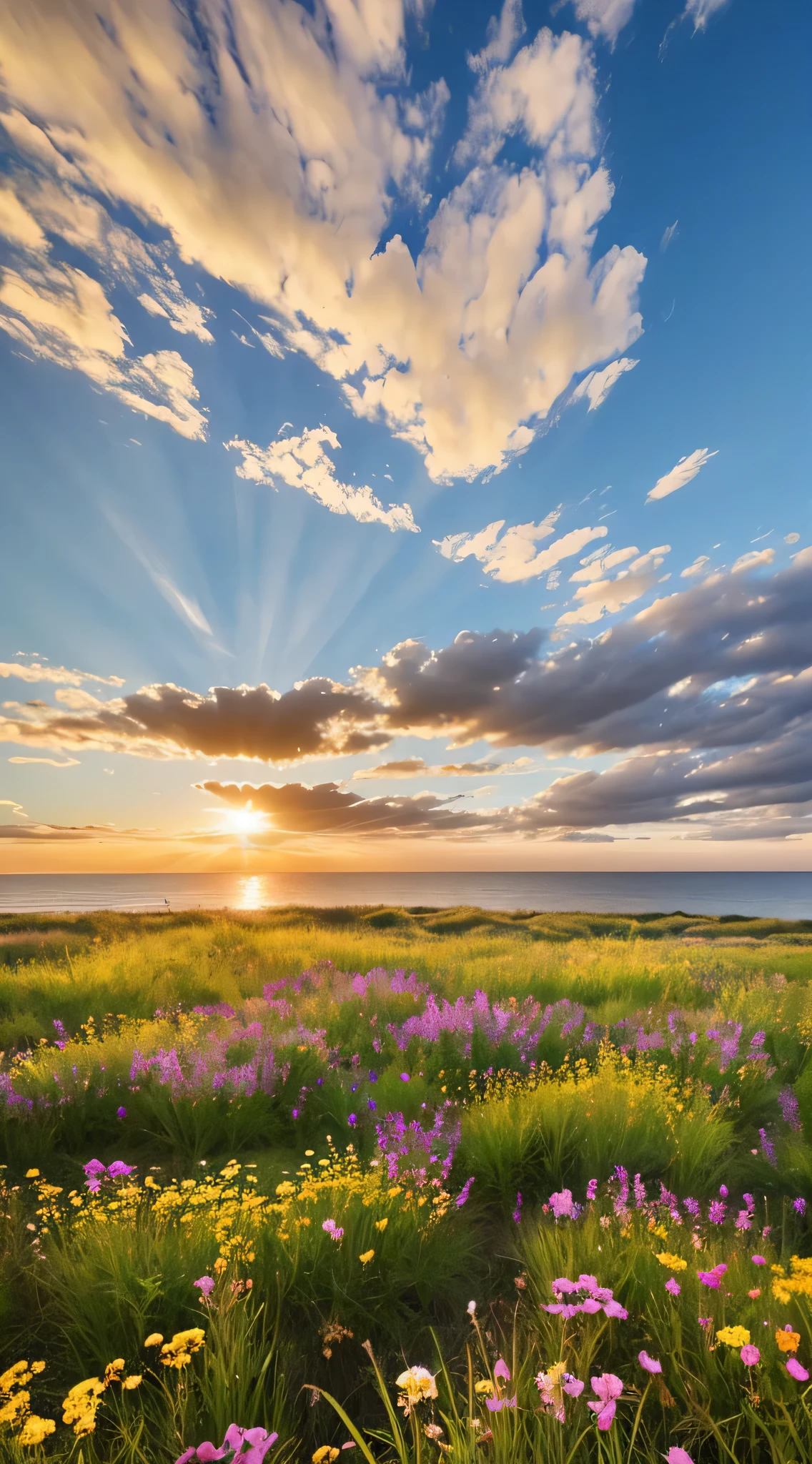Ocean, Ocean, Ocean, Ocean Beach, grassland, wild flowers, desert, Snowy mountains in the distance, Ocean of clouds, Sky, Large spreading clouds, Sunset, Light penetrates the clouds and reaches the ground, Wide angle lens shooting