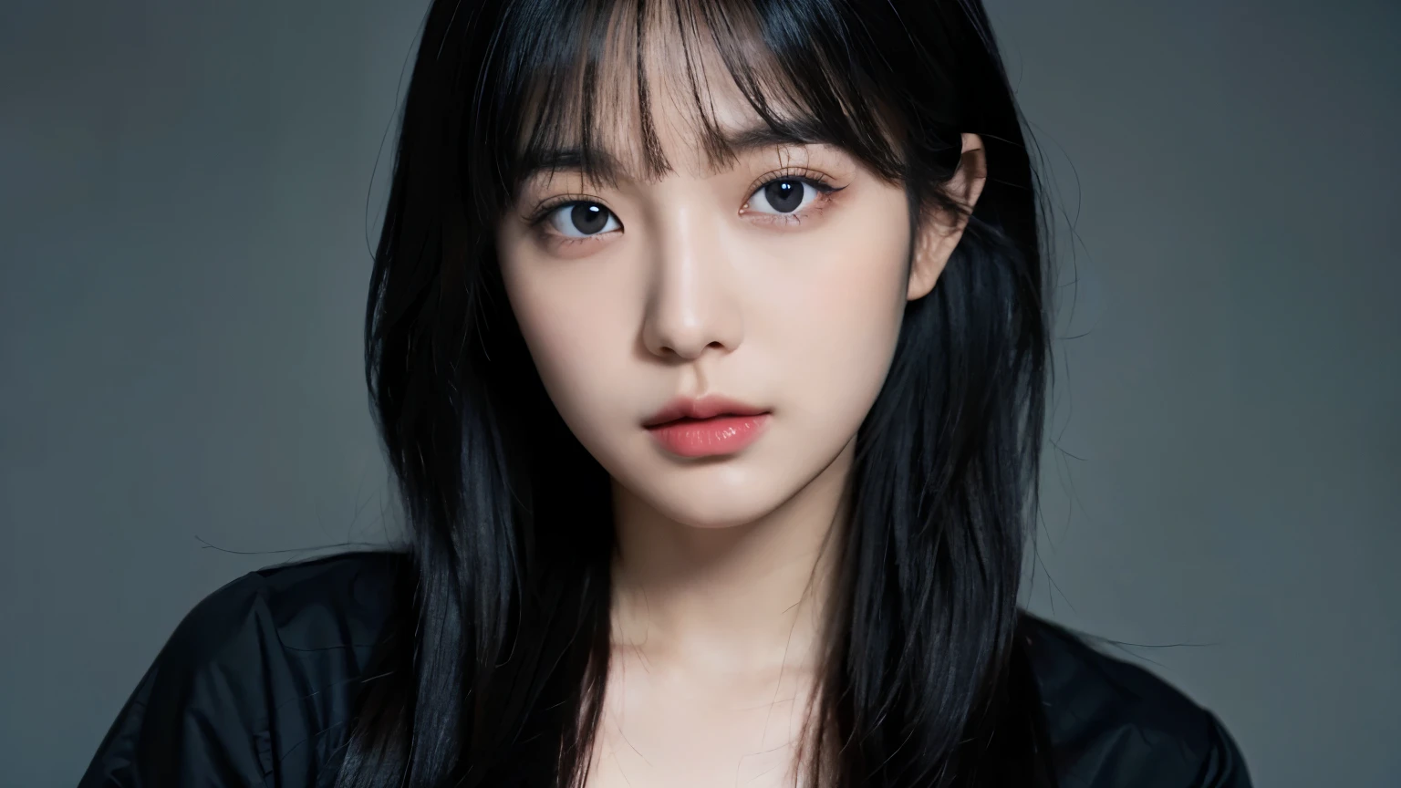 bewitching eyes, well-balanced eyes, mouth closes//background is white //wearing black clothes //chest focus, ((Face-to-face audience)), /japanese woman, white skin, long hair, black hair, dark blue hair, dull bangs,//((Are standing)), high quality:1.3, professional lighting:2.0 realistic:1.2, 4K resolution, fine skin, masterpiece:1.1