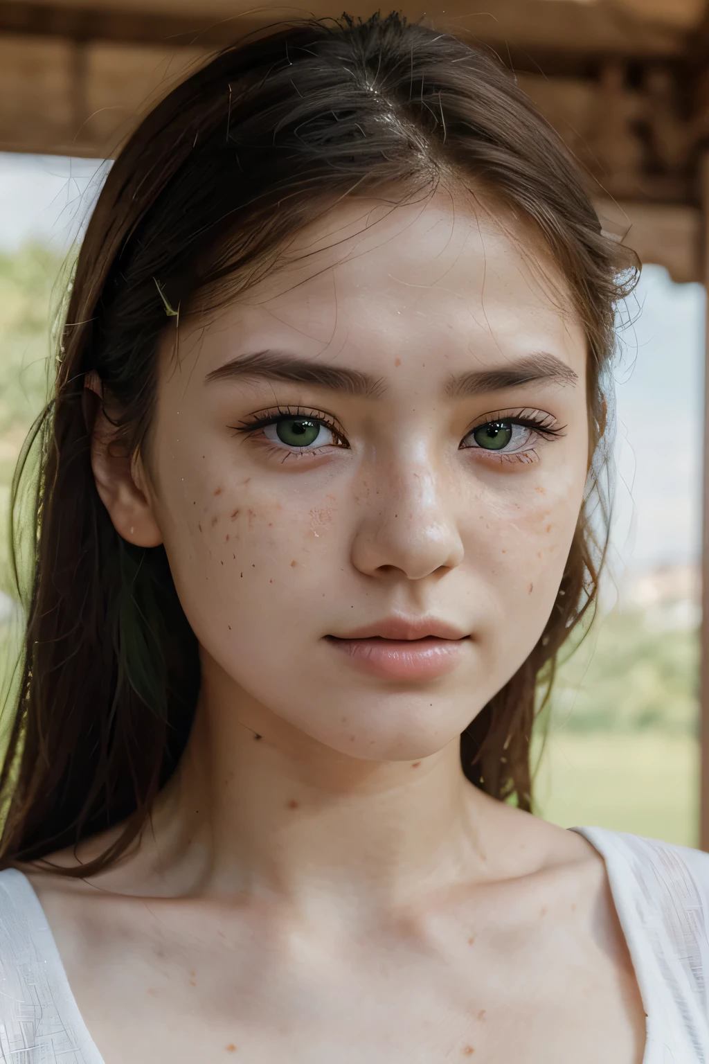 Kazakh girl, 20 years old, pale face with green eyes, freckles, lots of freckles, ultra detail freckles 8k, best quality, masterpiece, realistic, ultra detail, photorealistic, Zoom quality, serene faces, jagged edges, natural beauty, close-up shot