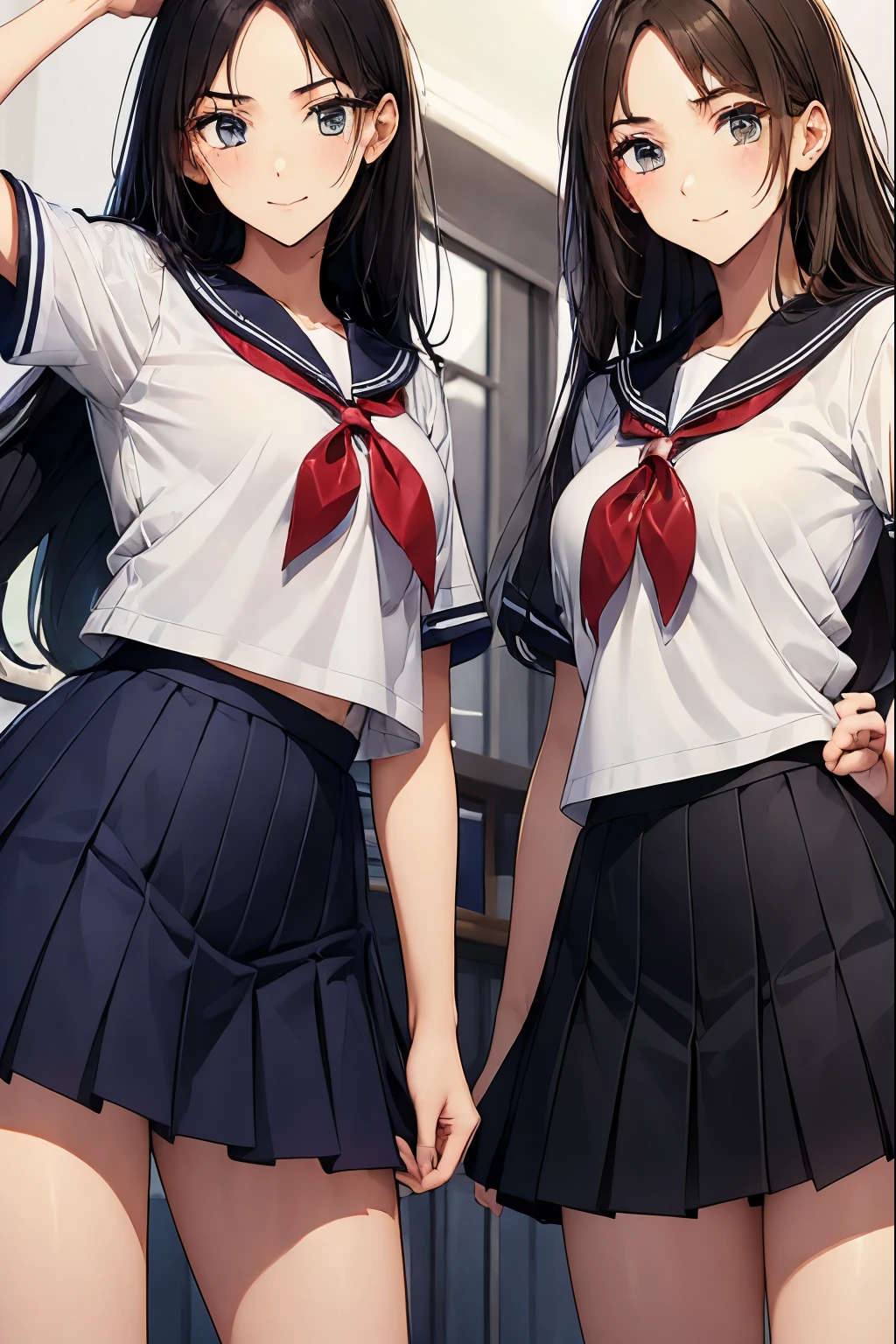 High school girls standing with their arms around each other in the classroom、seductive smile、