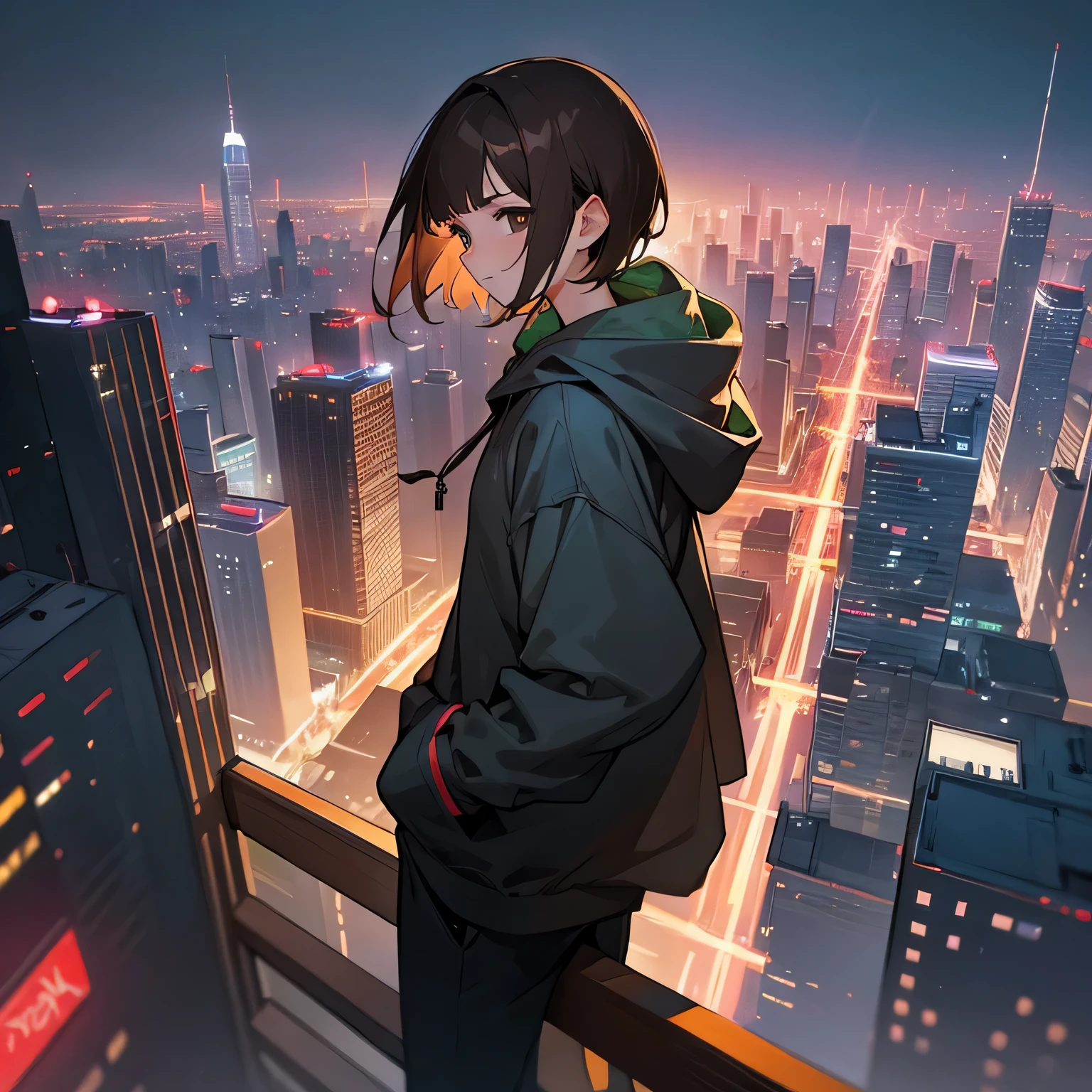 girl、brown hair、short hair、hoodie、action movie、stuntman、City of night、skyscraper