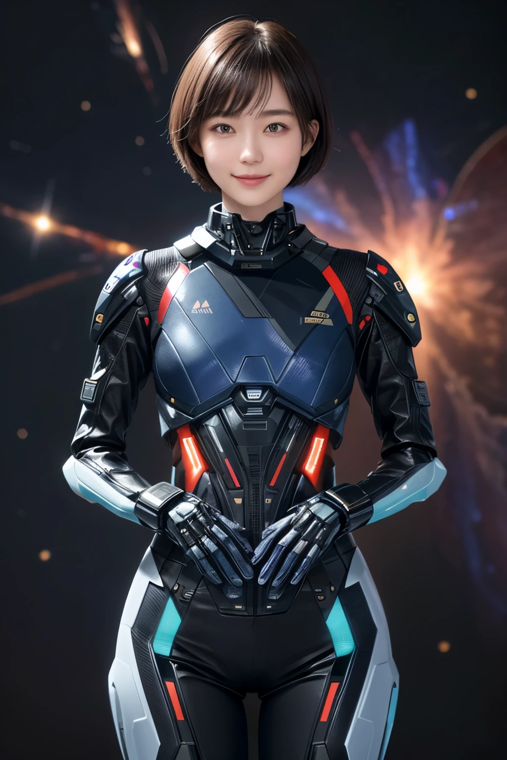 208 Short Hair, 20 year old female, Floral, gentle smile, Futuristic clothing, mechanical suit, (The background is a galaxy and nebula)
