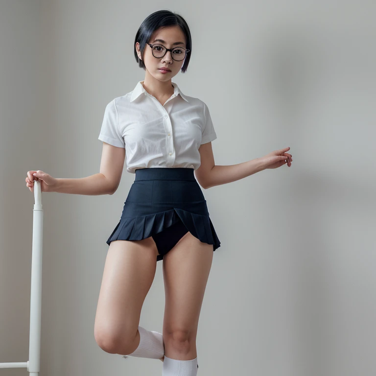 Beautiful picture, detailed, childish woman, Wear a navy blue skirt, Stand with your left leg elevated., Wear black underwear, Put on socks, Wear a white shirt, Wear glasses, short hair, Asia,