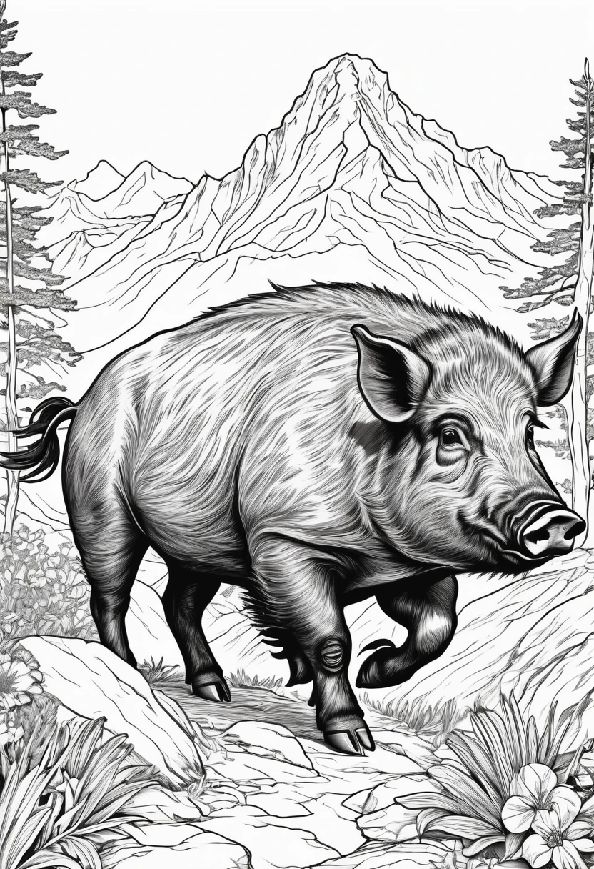 coloring book（line drawing）　boar　１Animals　Mountain　hurtle