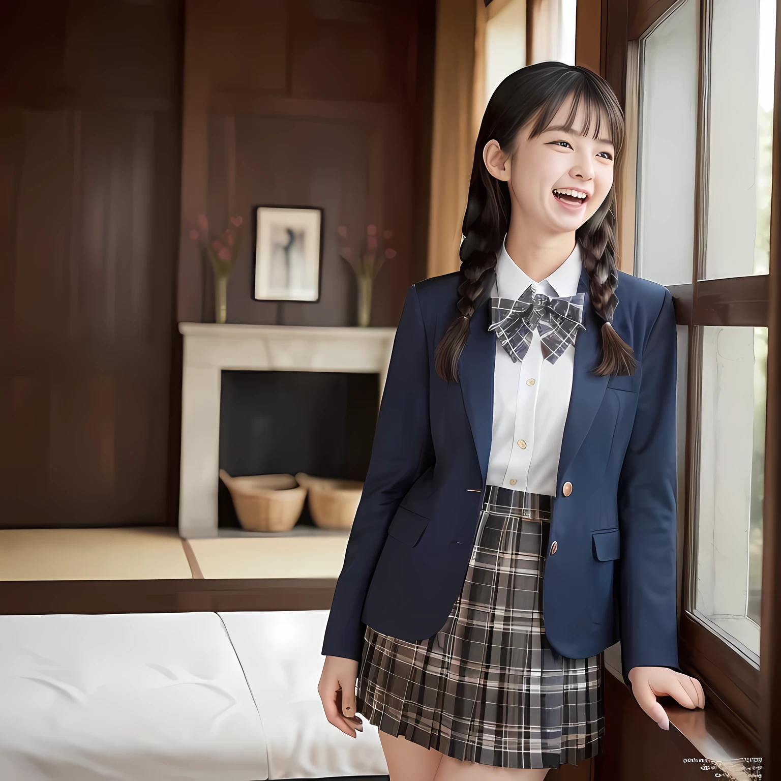 (highest quality、masterpiece:1.2)、highest quality、realistic、photograph、High resolution、1080p、8K、The face is especially pale., physical rendering、((only one Japanese girl)), (((((A -yeld Jaese girl, 155cm tall, is a super beautiful fashion model for a magazine for girls, appealing to readers how cute she is in uniform.))))), , (((big very detailed beautiful dark brown eyes))), ((blue girly large wine-red glossy polyester Japanese school ribbon bow tie)), (((black very beautiful and very very long braids hair))), ((((deep blue colored tartan checkered formal long pleated pleated skirt)))), ((A unpatterned formal dark blue blazer in solid that is slightly oversized and has an emblem on the left chest.)), (((((((laughing at me!))))))), mouth is open, The large blazer and skirt are very cute., detailed fingers, Slender body, ((curled bangs)), so beautiful, ((Very big and very very very cute eyes of a Japanese girl)), double eyelids, thin eyebrows, ((drooping eyes)), (((very long eyelashes))), ((cute lovely lovely laughing laughing cheeks)), ((Pure white light hits her face from above and in the front, making her skin and eyes shine beautifully.)), ((Strong light hits the nose and cheeks、It brings out the richness of the expression.)), (((((She has a very expressive face, very pure and very sweet.))))), (((Girls are watching viewers))), (((((At a very gorgeous room))))), (((shot from the side)))