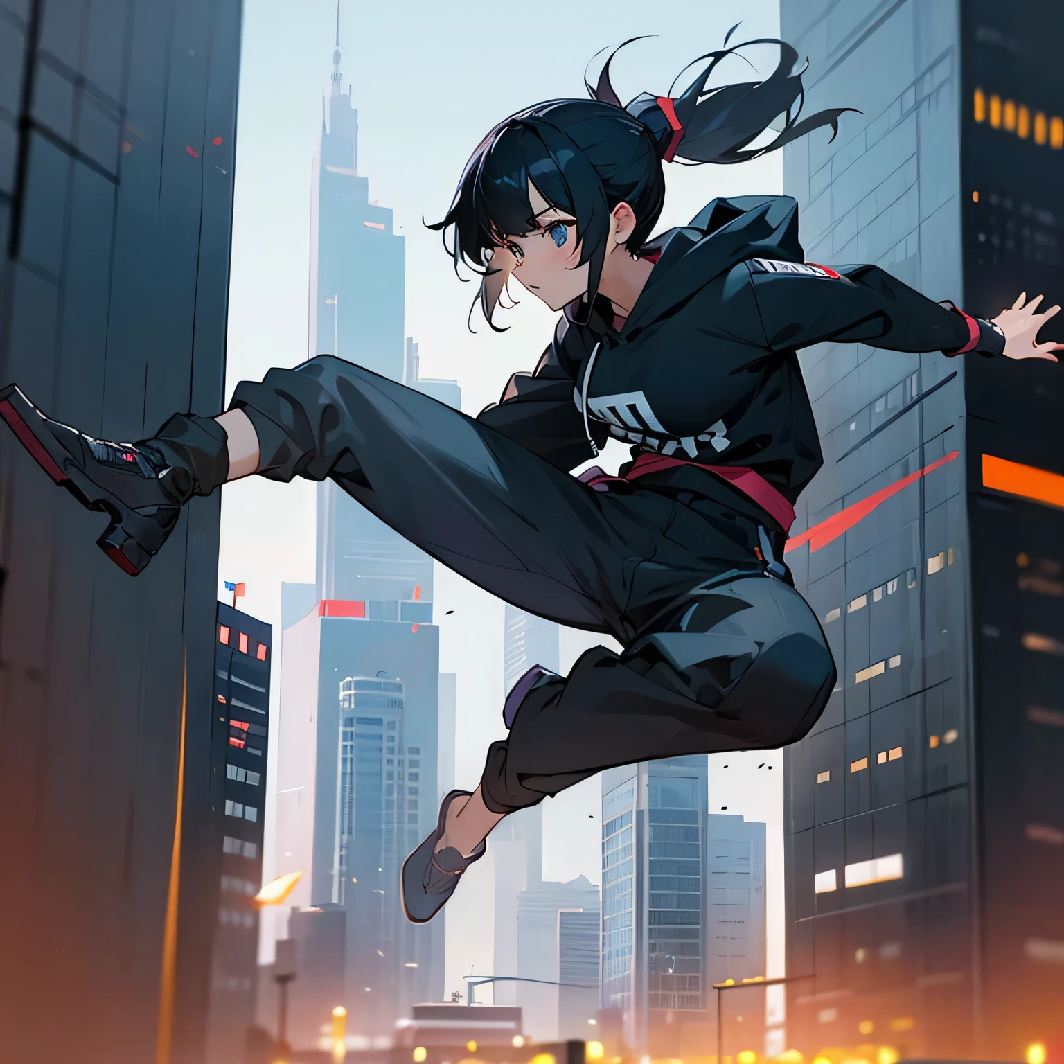 girl、black hair、ponytail、hoodie、action movie、stuntman、city、skyscraper