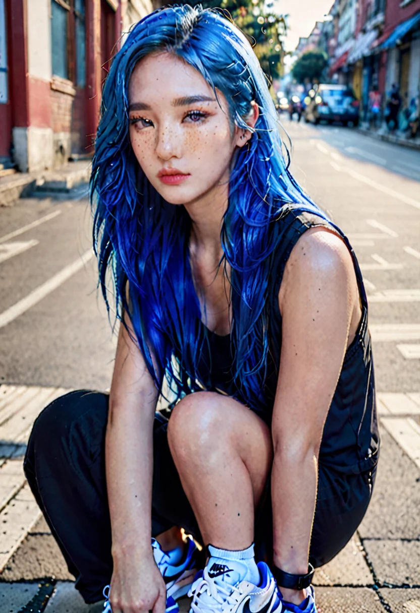 blue hair。 Best Anamorphic Lens Photography 50mm Lens Freckled Woman Close-up。In the background, the morning sun shines on her hair.、background is blurry。Stylish。NIKE sneakers。tanned skin。dark makeup。