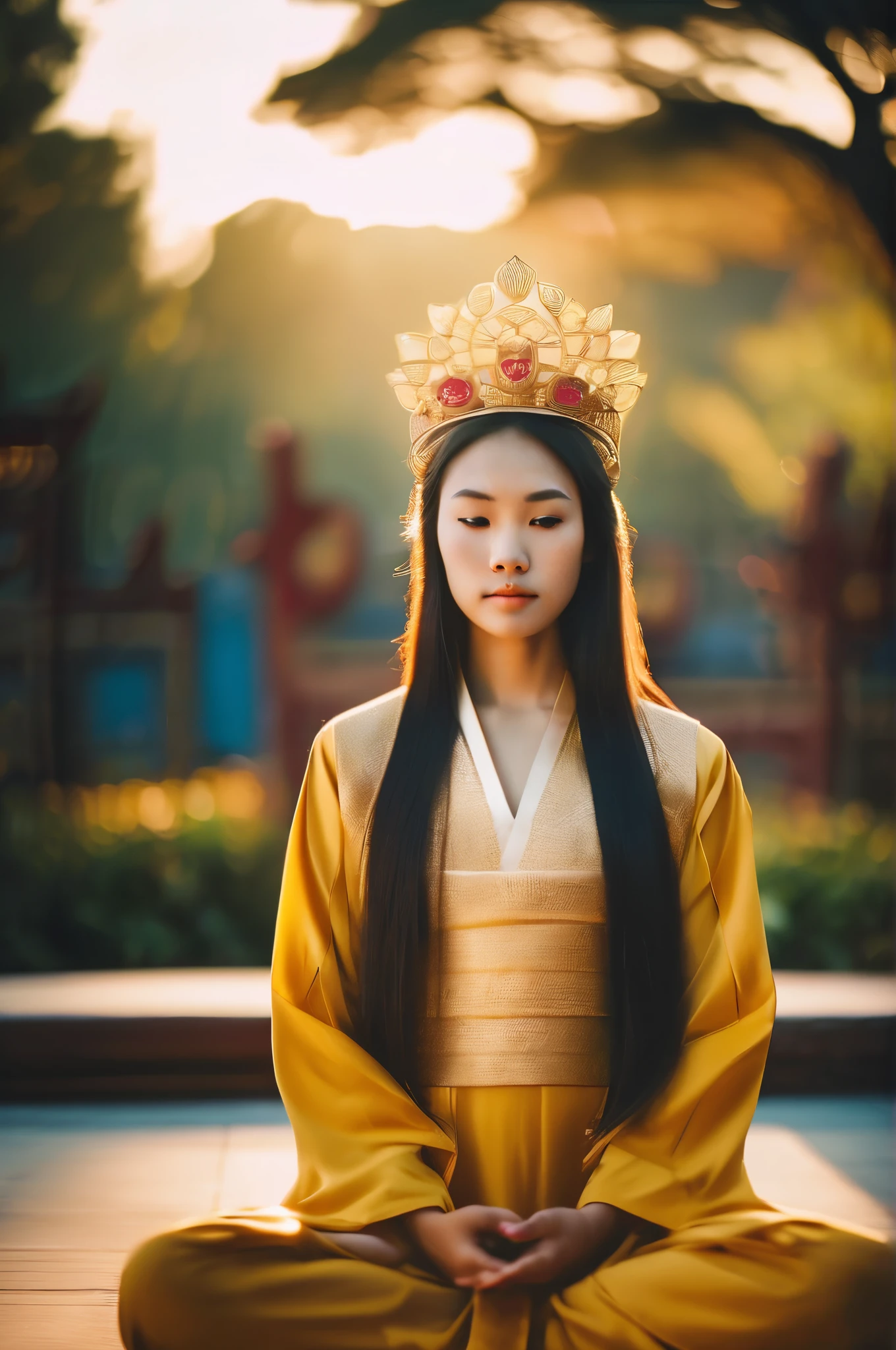 lotus pose | Chinese girl wearing a crown | symmetry | divine atmosphere| Goddess of Mercy | balance | golden hour | Bokeh | Ektachrome --style raw