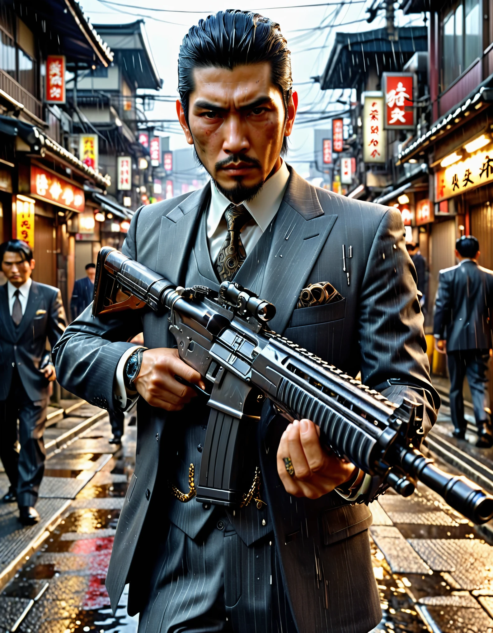 japanese yakuza mobster with a dark gray three-piece suit, black hair, pompadour hairstyle, brown eyes, light goatee, uses assault rifle, (facial scar on left eye), realistic, stylish, hdr, intricate details, hyperdetailed, cinematic, rim light, danger atmosphere, noir, night, cyberpunk lighting, tokyo street, rain