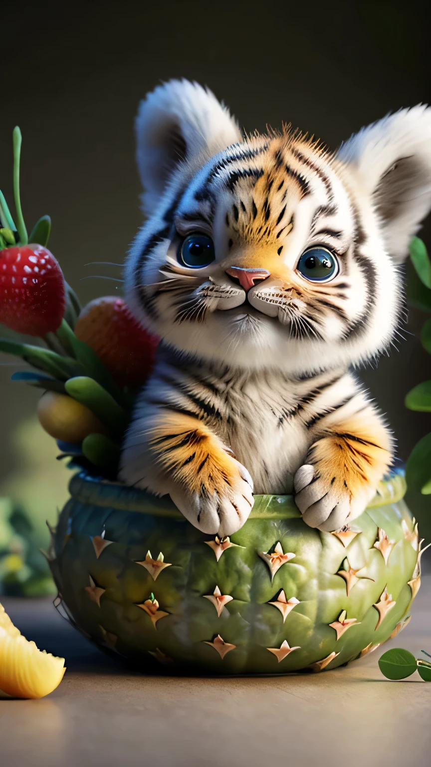 (masterpiece, award-winning, highest quality, High resolution) 3D illustration, Baby tiger blended with cute pineapple, Lying on a bed of juicy and ripe fruits,, Surrounded by colorful fruit gardens.