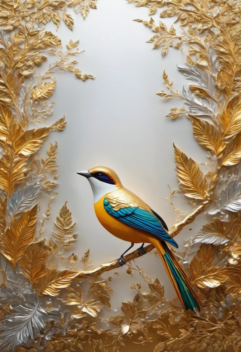 masterpiece, concept art, (Beautiful and beautiful:1.2), (gold leaf art:1.5), Bird of paradise standing on a branch,Surrounded by gold leaf, gold leaf, Gold and silver accessories, abstract background, Zentangle, fractal art, studio lighting, epic work, epic proportions, 8K,