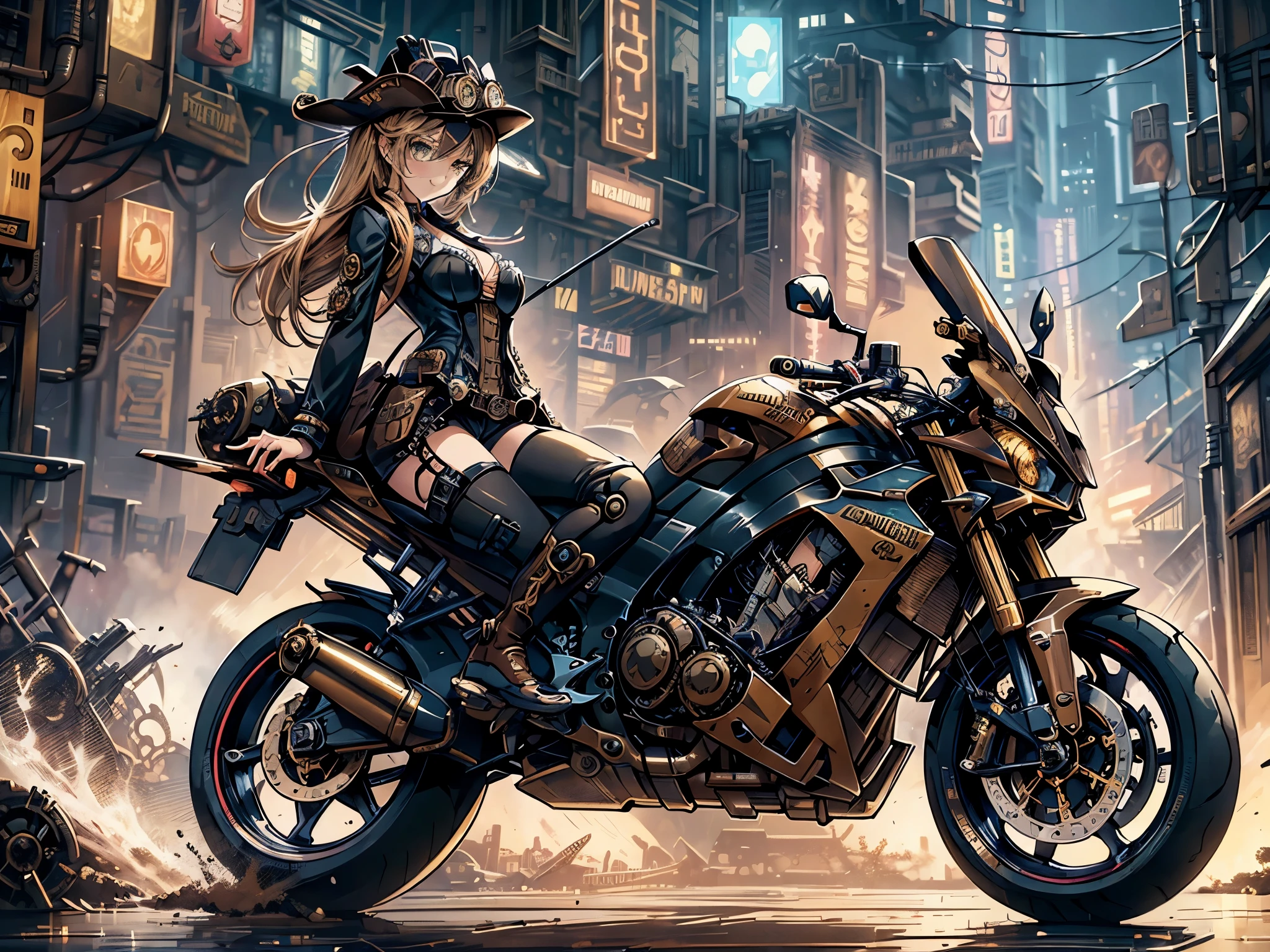 (comic book style),(line drawing_anime),(cowboy shot, highest quality, ),(Laura Budd Photos:1.2),(Laura Add Details:1.0),8K, flat color:0.8,dynamic angle,1 girl,smile、(On a steampunk motorcycle:1.5)、An elaborately decorated motorcycle、(Highly decorative and complex mechanical steampunk fashion, lace flare dolphin hat、goggles 1.5、machinery background、Gear background、Intricately mechanized steampunk cityscape 1.5),