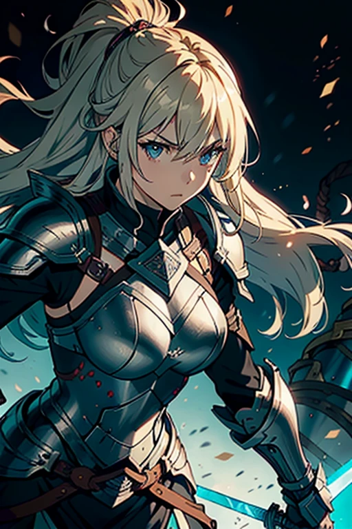 Woman warrior、wearing armor、Big sword and vertical、Blonde and long-haired、eyes are blue、Fighting figure