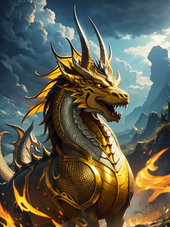 (Best quality), (Masterpiece), (Detailed), Chinese Dragon, yellow pupil, expressive eyes, silver horns, body covered in pentagonal scales, golden colour scales bodered by white colour, yellow mane, big sharp claws, silver claws, coiled around clouds, looking at the viewer, yellow colour thunder in the clouds, sunshine in the background