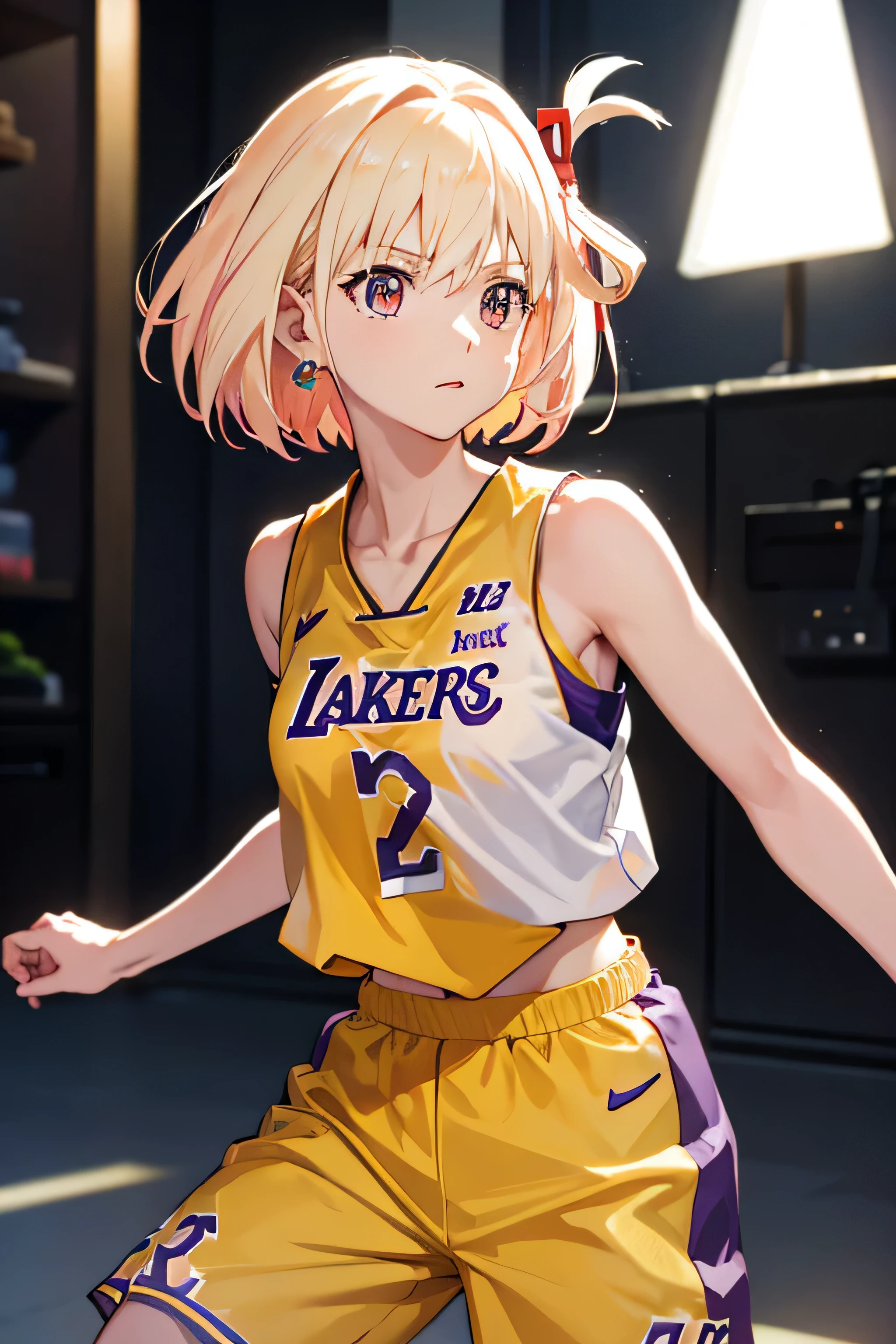 Chisatoniki、Nishikigichisato、short-hair、bangss、blondehair、(Akame:1.5)、Hair Ribbon、Single-sided up、bob cuts、
BREAK 1girl,((Lakers yellow basketball uniform, lakers written on jersey)), BREAK(masterpiece:1.2)、top-quality、hight resolution、Unified 8K wallpapers、(illustratio:0.8)、(beatiful detailed eyes:1.6)、extra detailed face、Perfect litthing、extremely details CG、(perfect hand、perfect anatomia)、