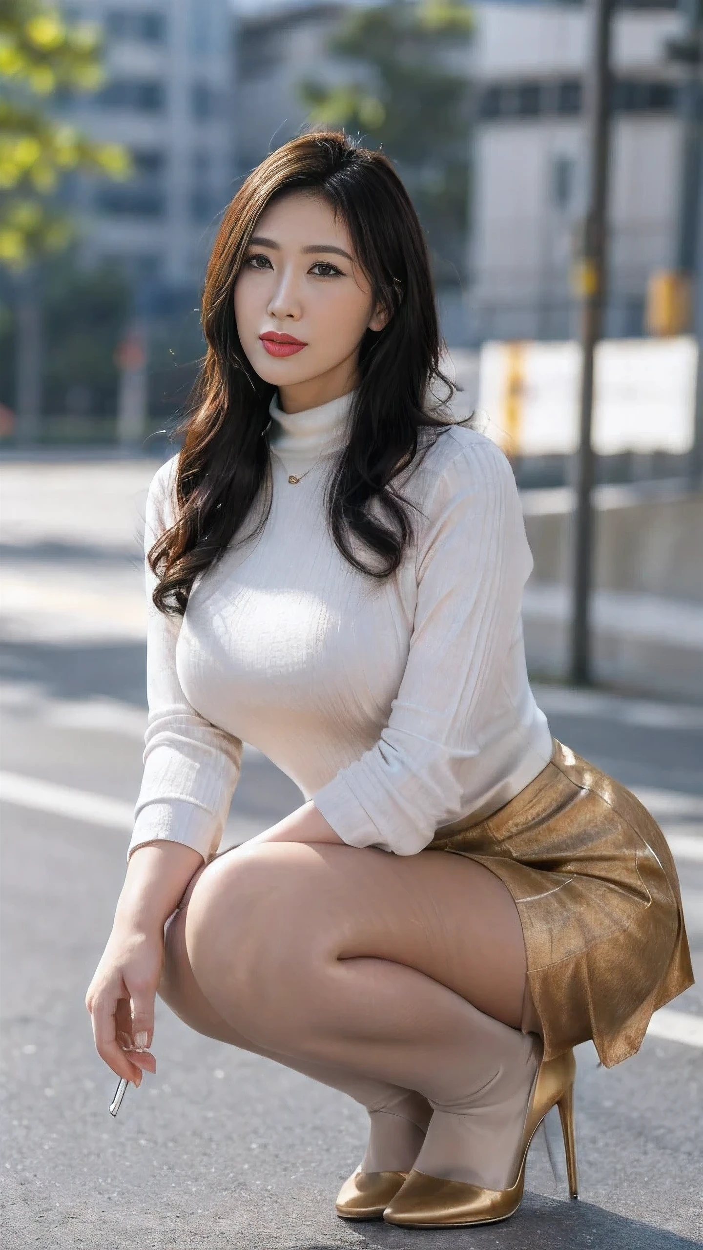 tanding outdoor,full-body shot,High heel, An Asian Japanese woman,High neck golden dress,65 years old,big eyes,Elegant temperament Elegant temperament,best quality), actual, (real picture,65 years old, There are intricate details, Depth of field contentVery detailed, This is a perfect face, Perfect body, large model, mature woman, High, Leg length, ,High heel,Bokeh,long eyelashes,dark eye shadow,涂lipstick,Her face is heavily made up,Very detailed,middle aged woman,cosmetic, (lipstick: 1.1), (Eyeliner: 1.2), mascara, eye shadow, curly, ear nipple ring, necklace, Black greasy pantyhose, There are wrinkles at the corners of the mouth,Long-legged pantyhose,Greasy reflective pantyhose,big breasts,Black,High heel,long distance full-body shot,outdoor,Highly detailed 8K wallpaper), 8K,best quality, masterpiece, ultra high resolution,(lifelike:1.4), original photo, sharp focus, detailed, dramatic, exquisite beautiful woman, (tall and straight:1.1), (No), (droopy giant:1.1), (Fat goddess desetallic high leg high collar dress mini skirt:1.0),(turtleneck slim fit skirt),(Transparent gold miniskirt ), half butterfly earrings, double ring necklace, (:1.05), (65 years old, : 1.4), cosmetic, (lipstick: 1.1), (Eyeliner: 1.2), mascara, eye shadow, Long curly hair, Dynamic angle, (red lips)nice graphics, 大Leg length,Black Greasy reflective pantyhose,current employer,spectacular view, Show off your whole body in the big city,
